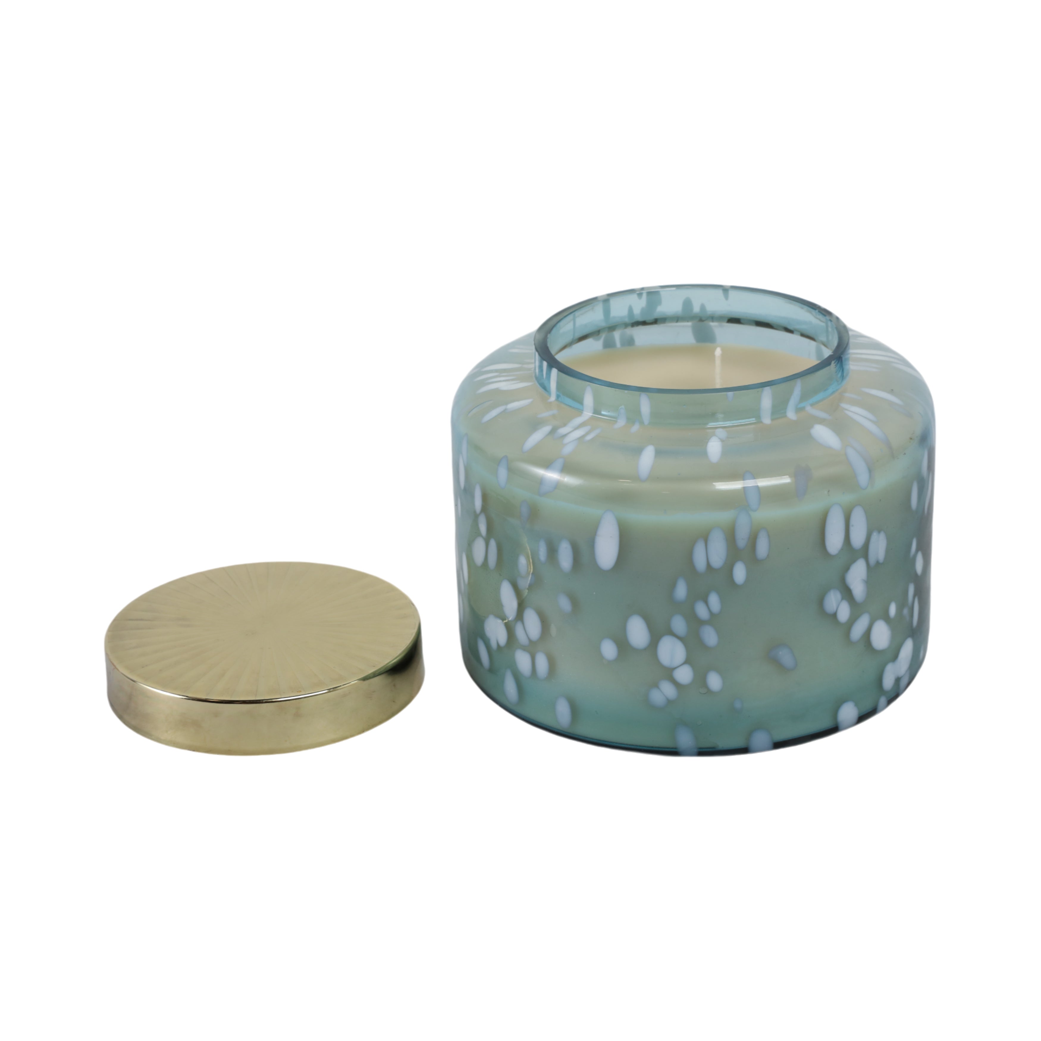 7" 71 Oz Jasmine Speckle Lidded Candle, Blue/gold - Decor Addict, LLC