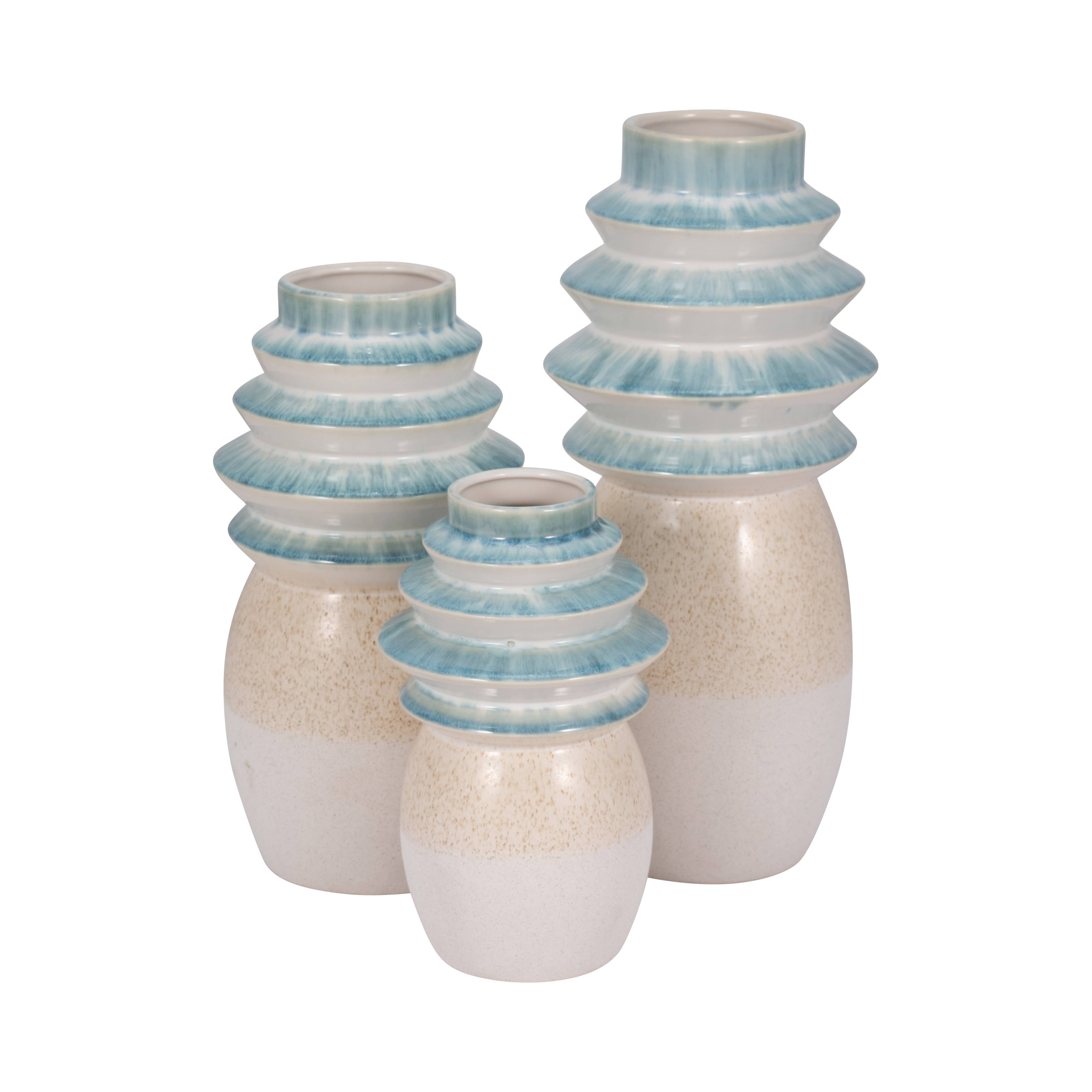 Ceramic Reactive Finish Fluted Top Vase - Blue, 15 in. - Decor Addict, LLC