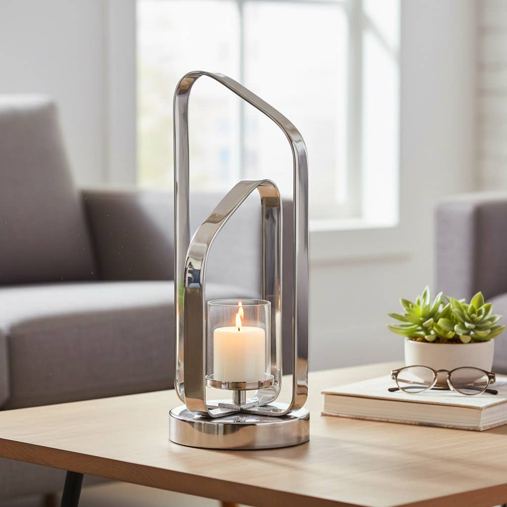 Candle Holder - Silver Metal Stylish Hurricane, 17 in. - Decor Addict, LLC