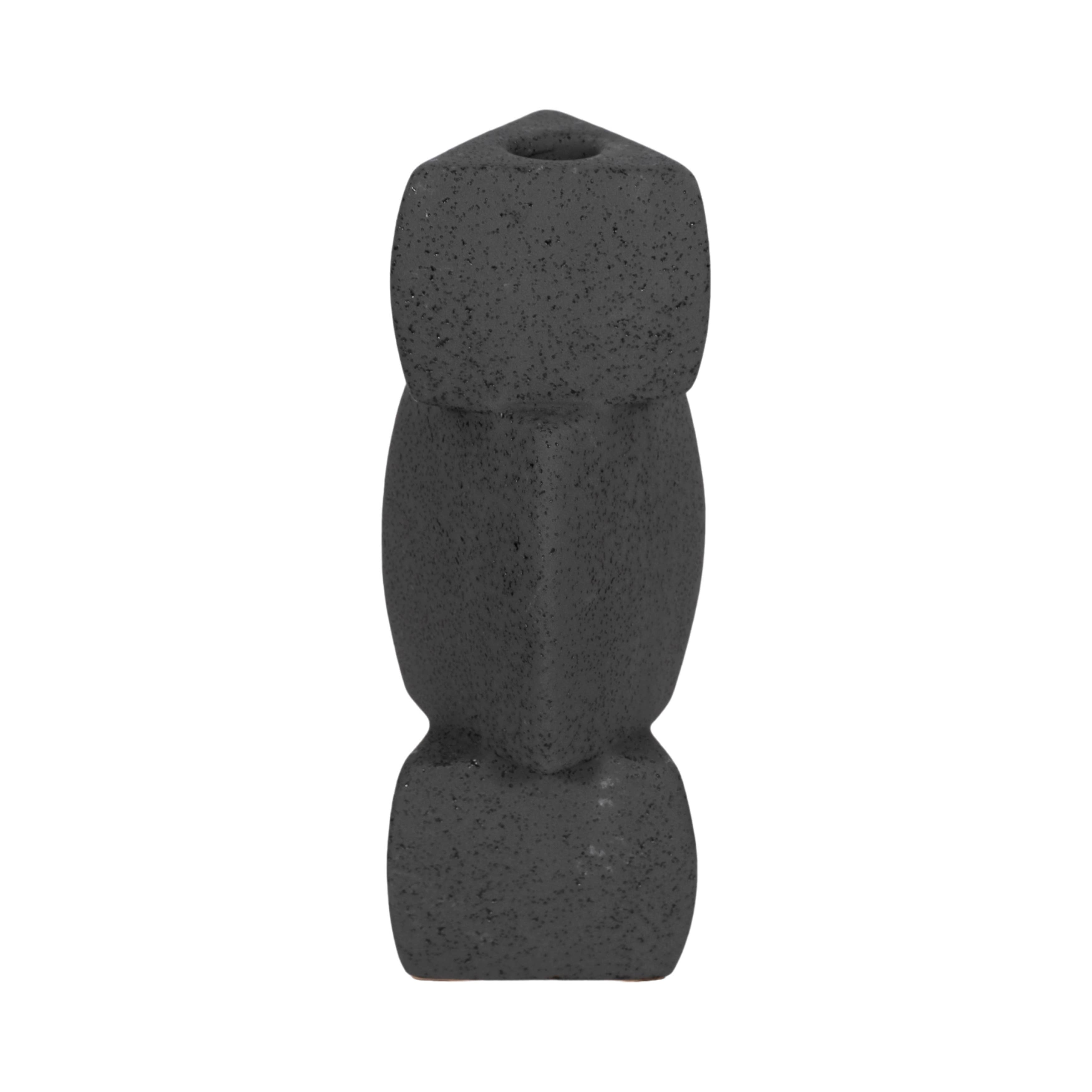 Black 9 in. Ceramic Stacked Objects Sand Glaze Taper Holder - Decor Addict, LLC