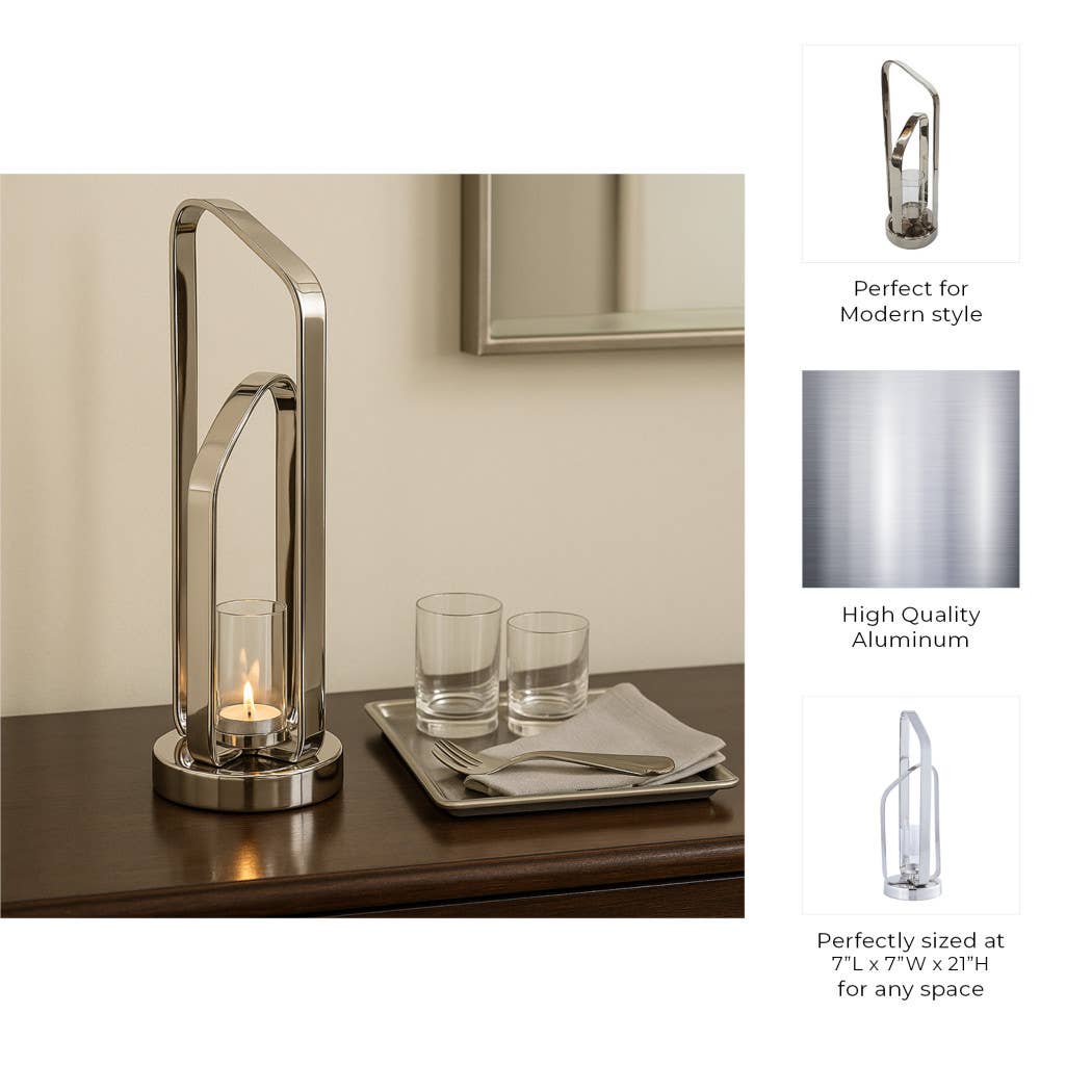 Candle Holder - Silver Metal Stylish Hurricane, 21 in. - Decor Addict, LLC