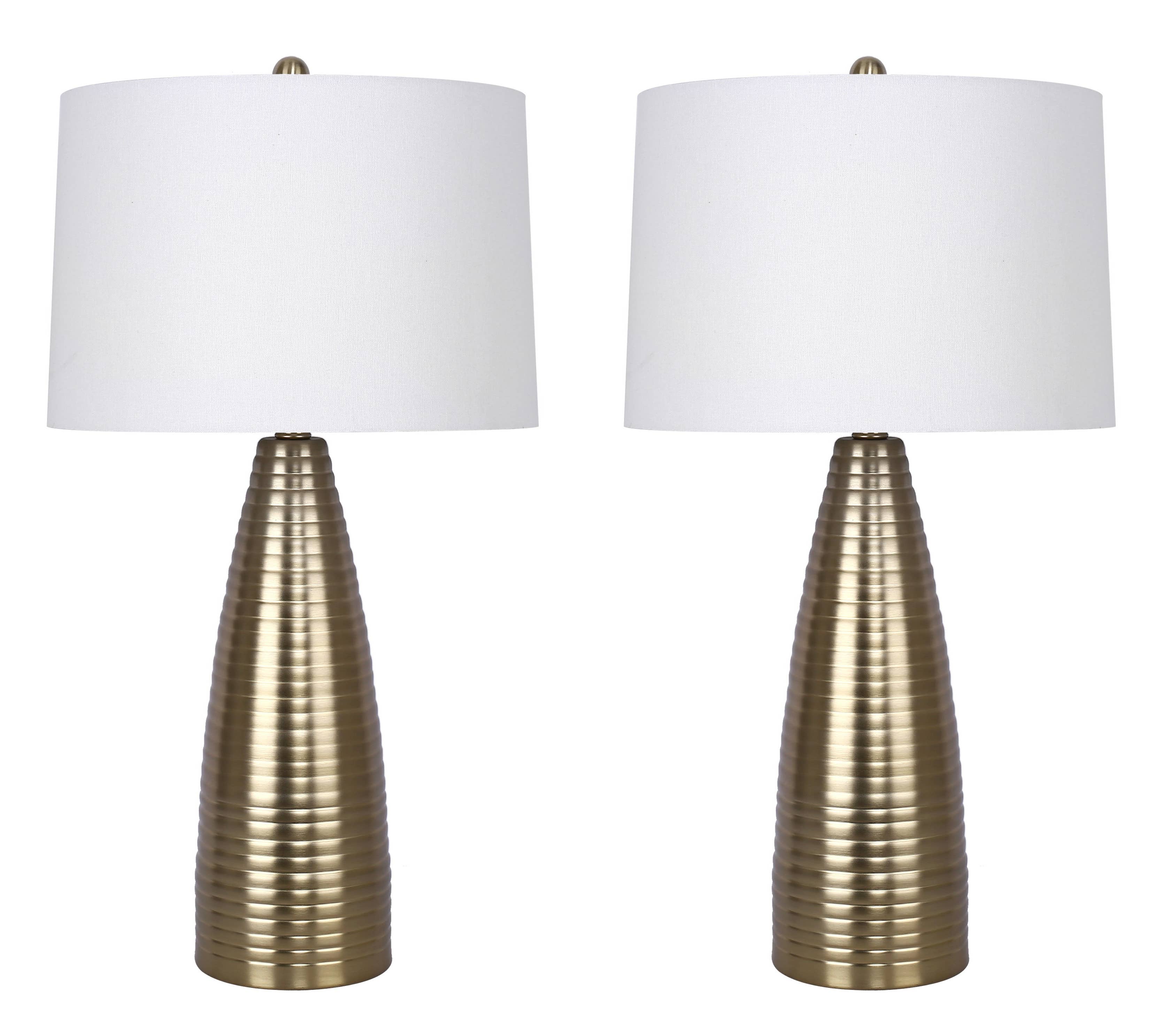 28" Metal Table Lamps ft. Ribbed Body Design (Set of 2): Gold Plated w/ Off-White Shades - Decor Addict, LLC
