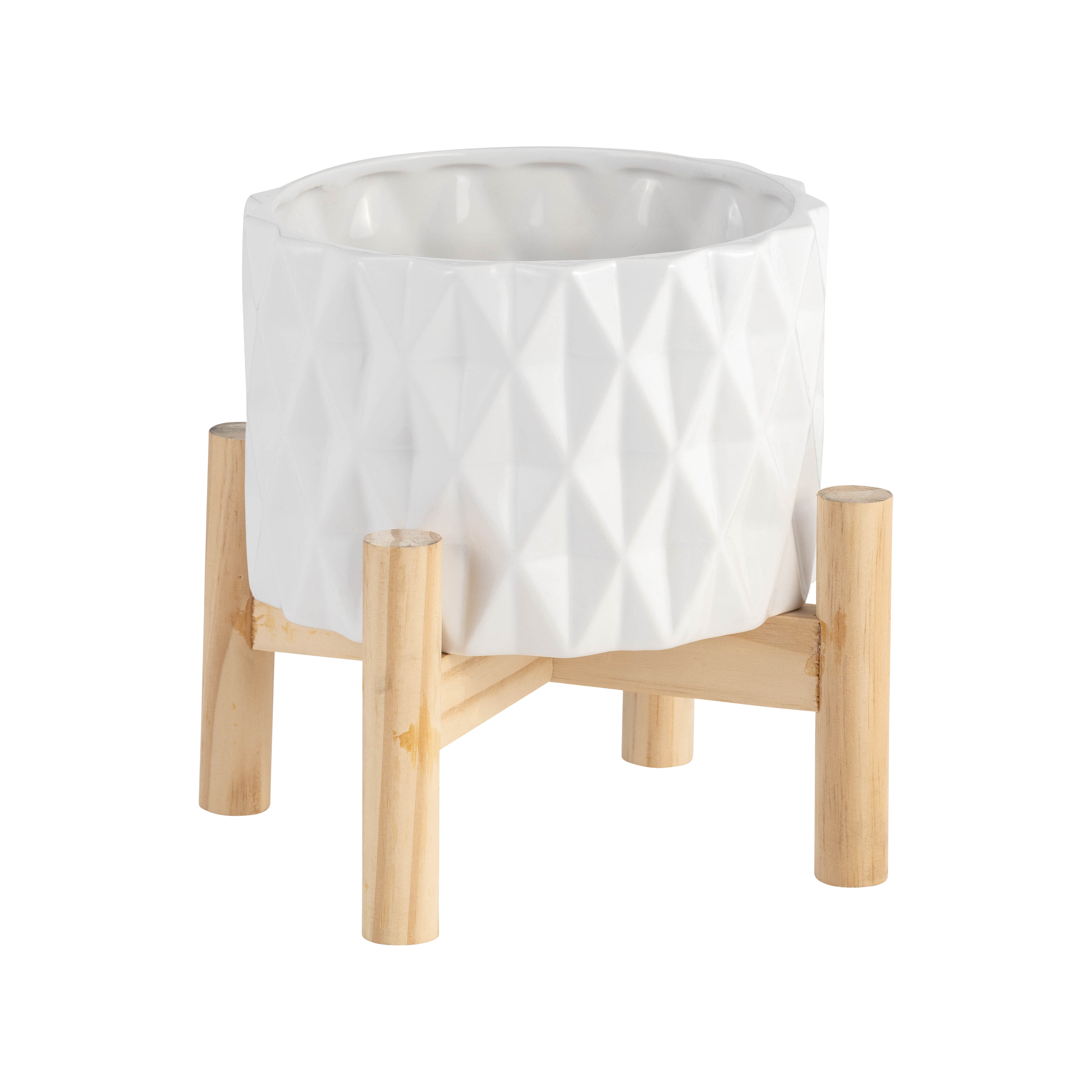 6" Ceramic Diamond Planter W/ Wood Stand, White - Decor Addict, LLC