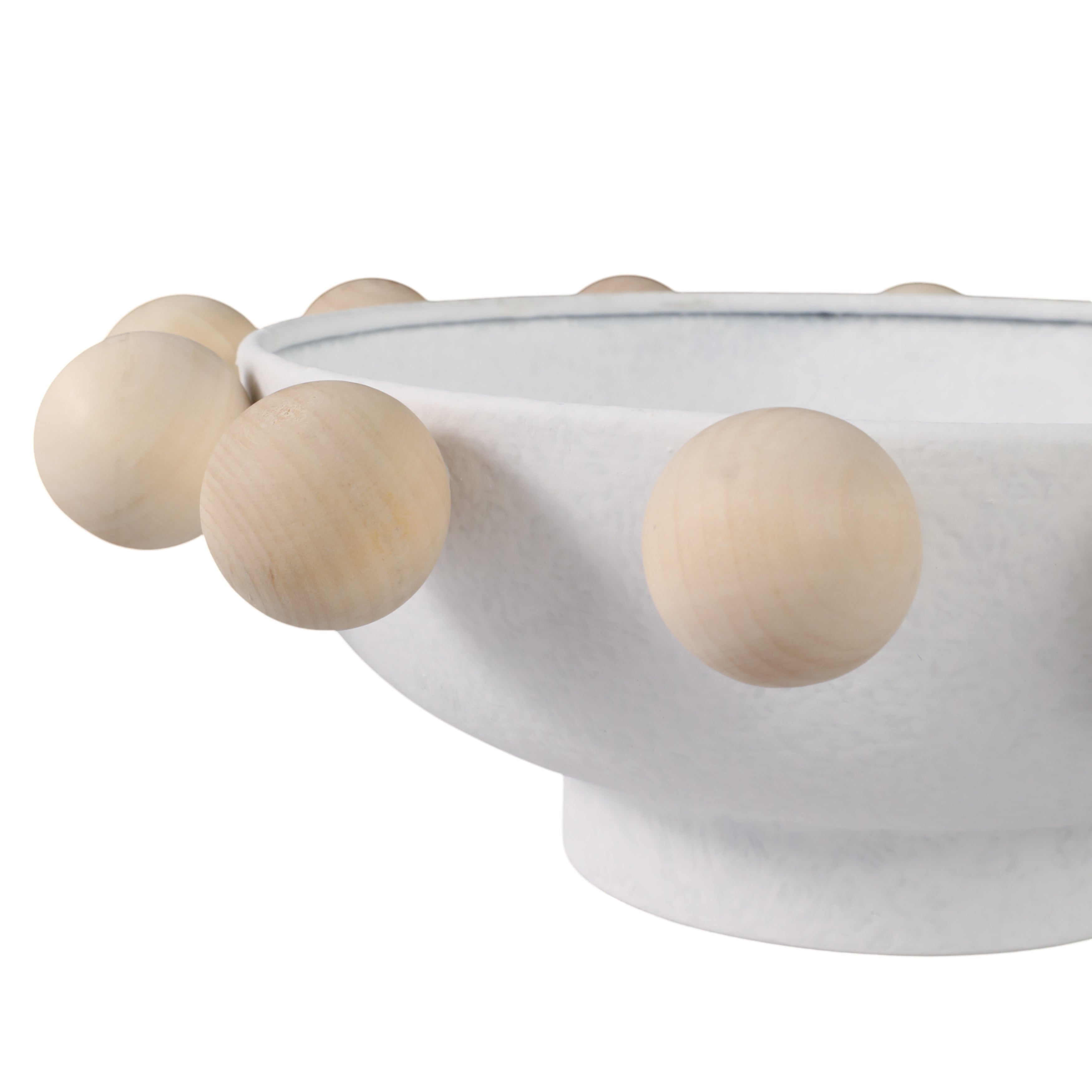 13" Bowl With Large Wooden Knobs, White - Decor Addict, LLC