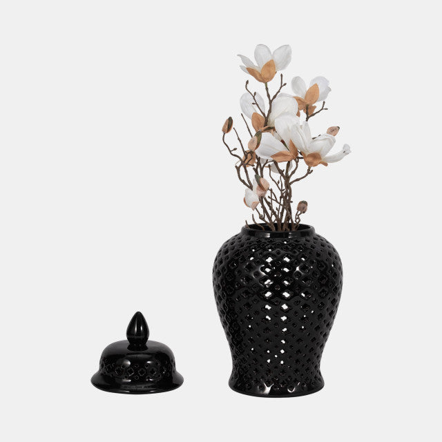 17" Cut-out Clover Temple Jar, Black - Decor Addict, LLC