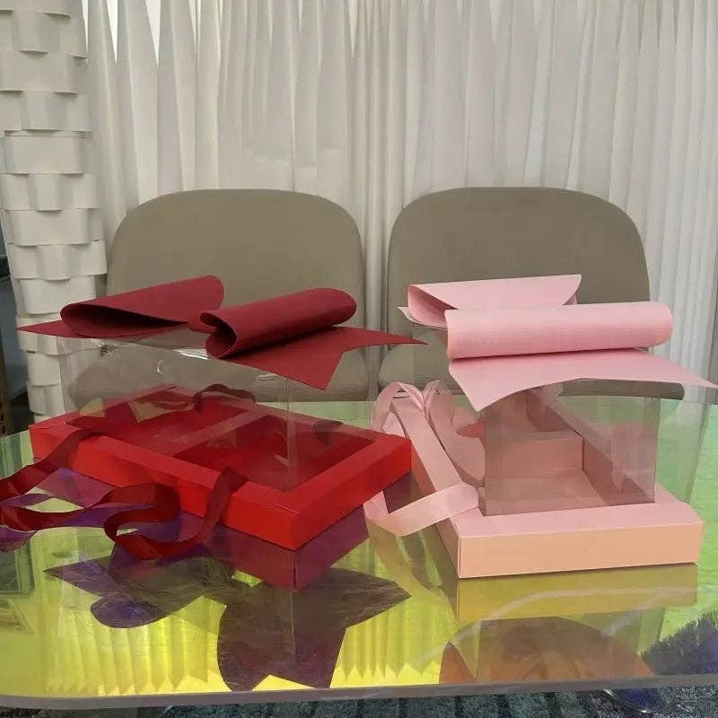 Big Bow Two Section Rectangle Flower Box with Clear Lid (2 pcs/set): Red - Decor Addict, LLC