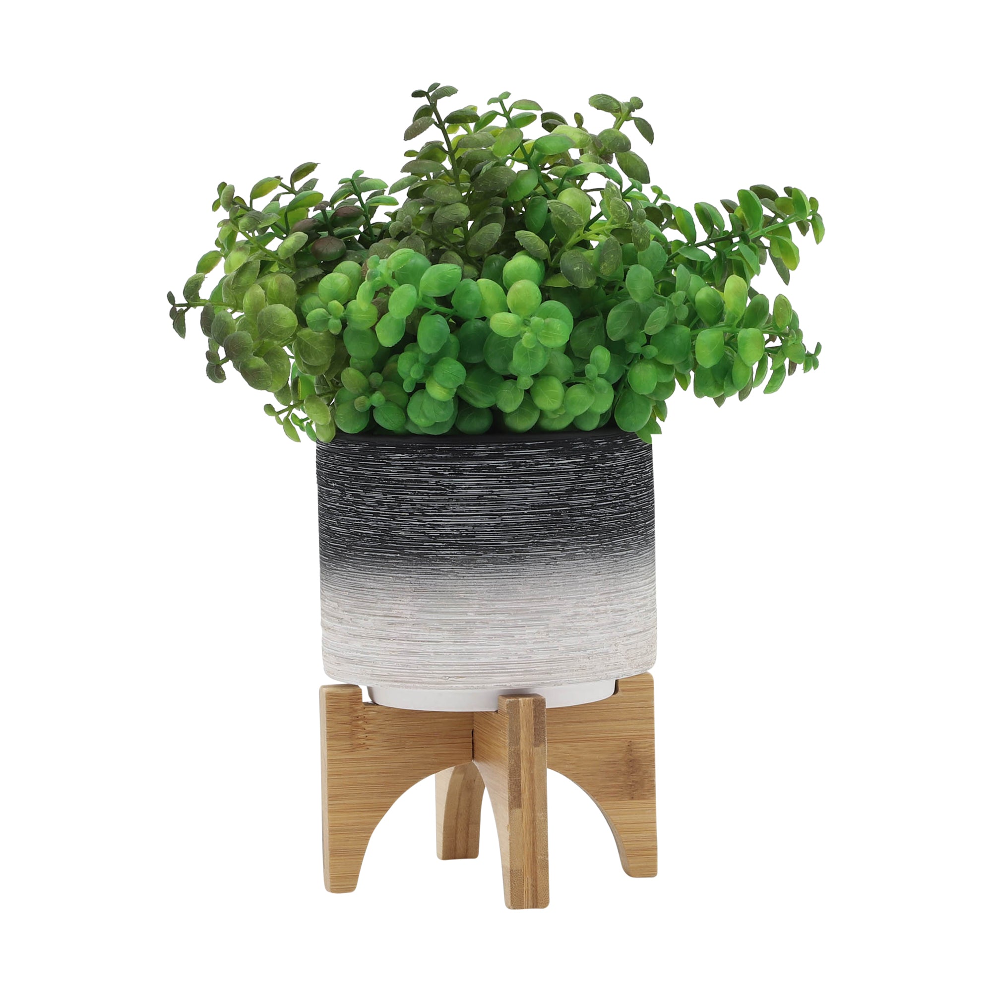 Ceramic 5" Planter On Wooden Stand, Gray - Decor Addict, LLC