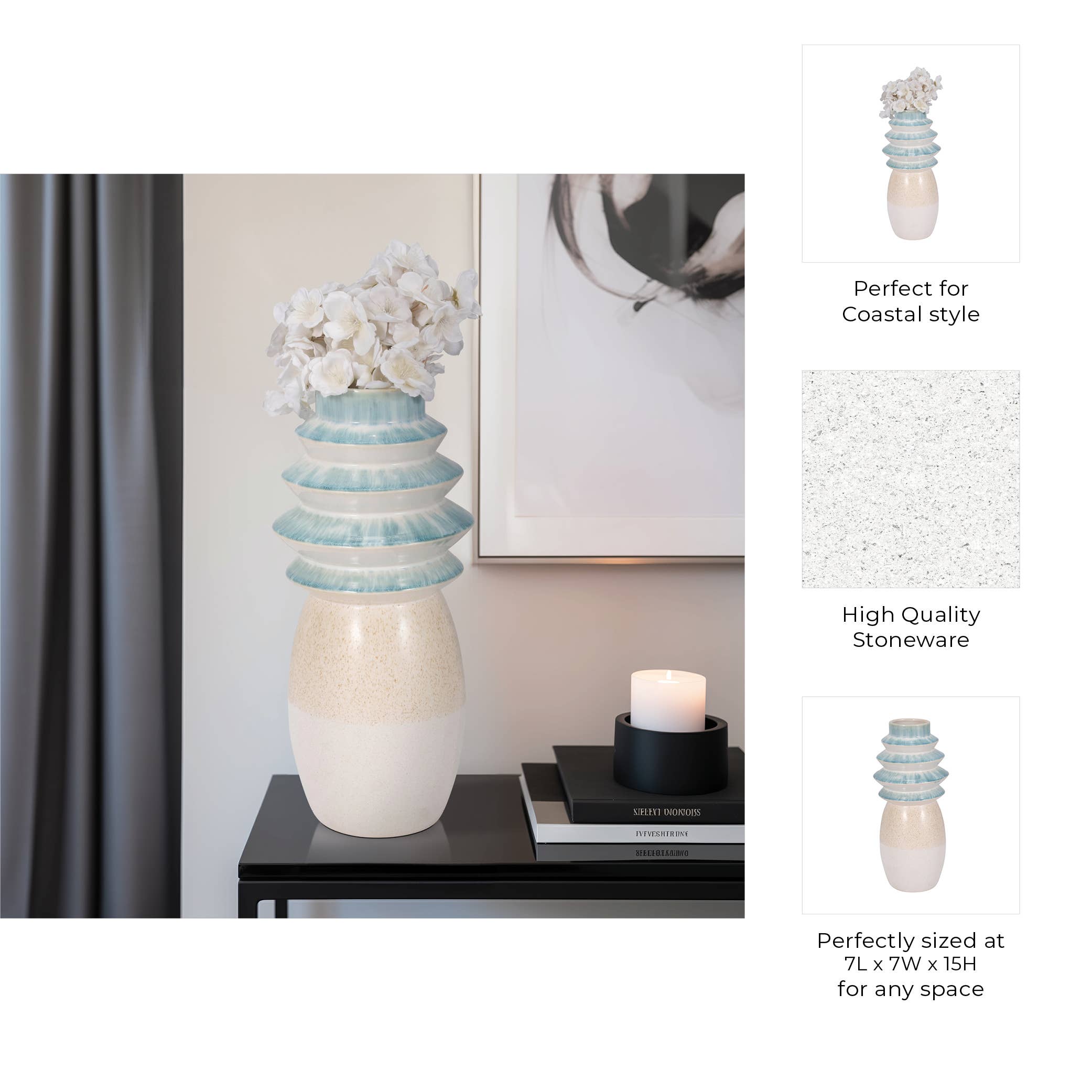 Ceramic Reactive Finish Fluted Top Vase - Blue, 15 in. - Decor Addict, LLC