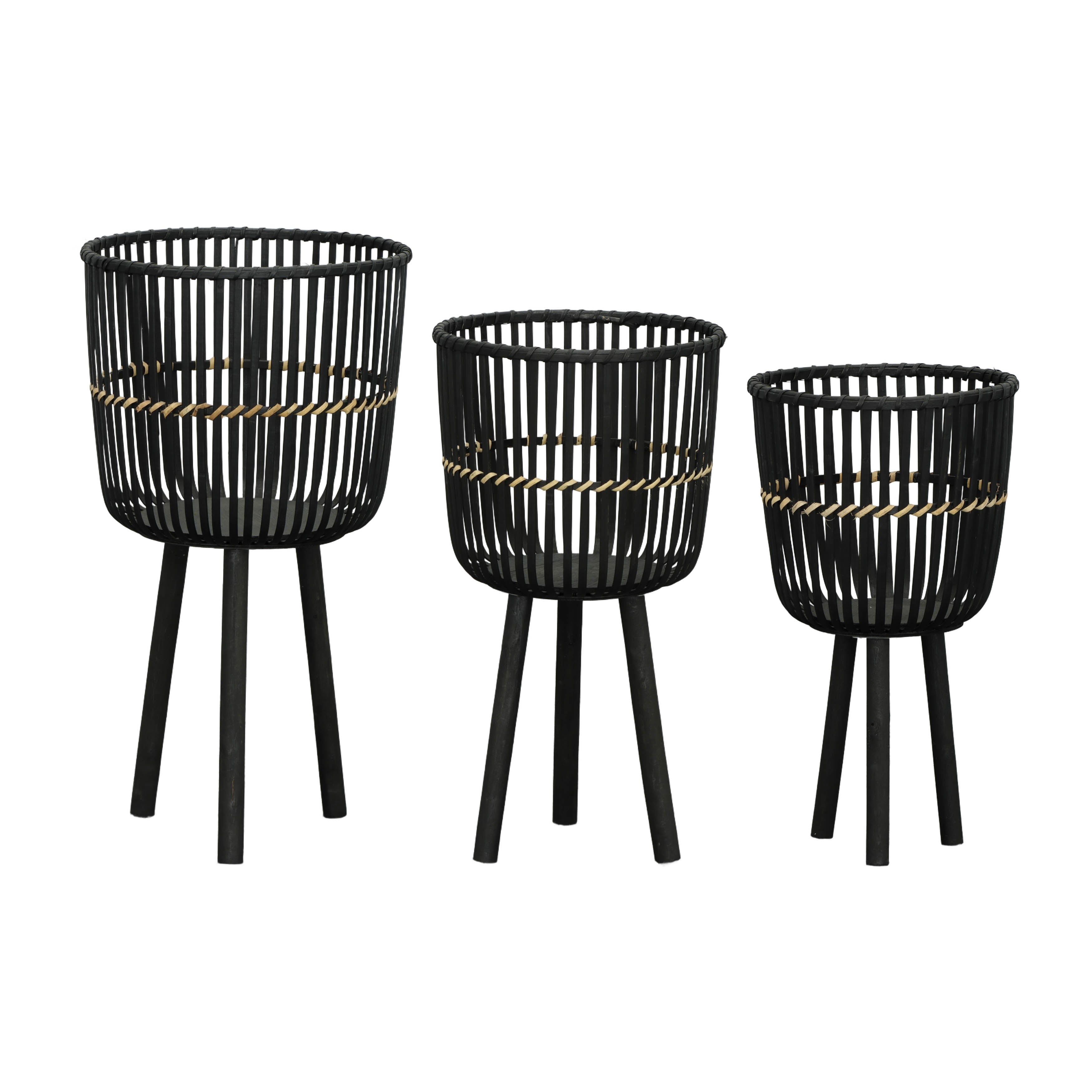 S/3 Bamboo Footed Planters 11/13/15", Black - Decor Addict, LLC
