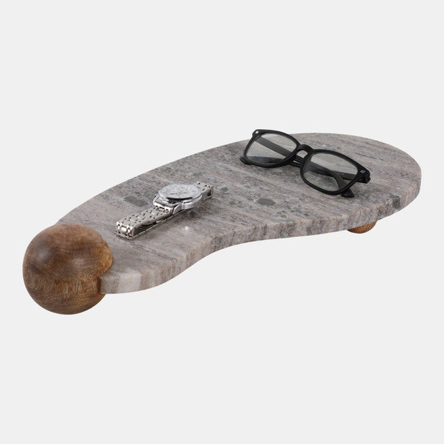 17x8" Curvy Marble Tray On Wood Ball Feet, Beige/brown - Decor Addict, LLC