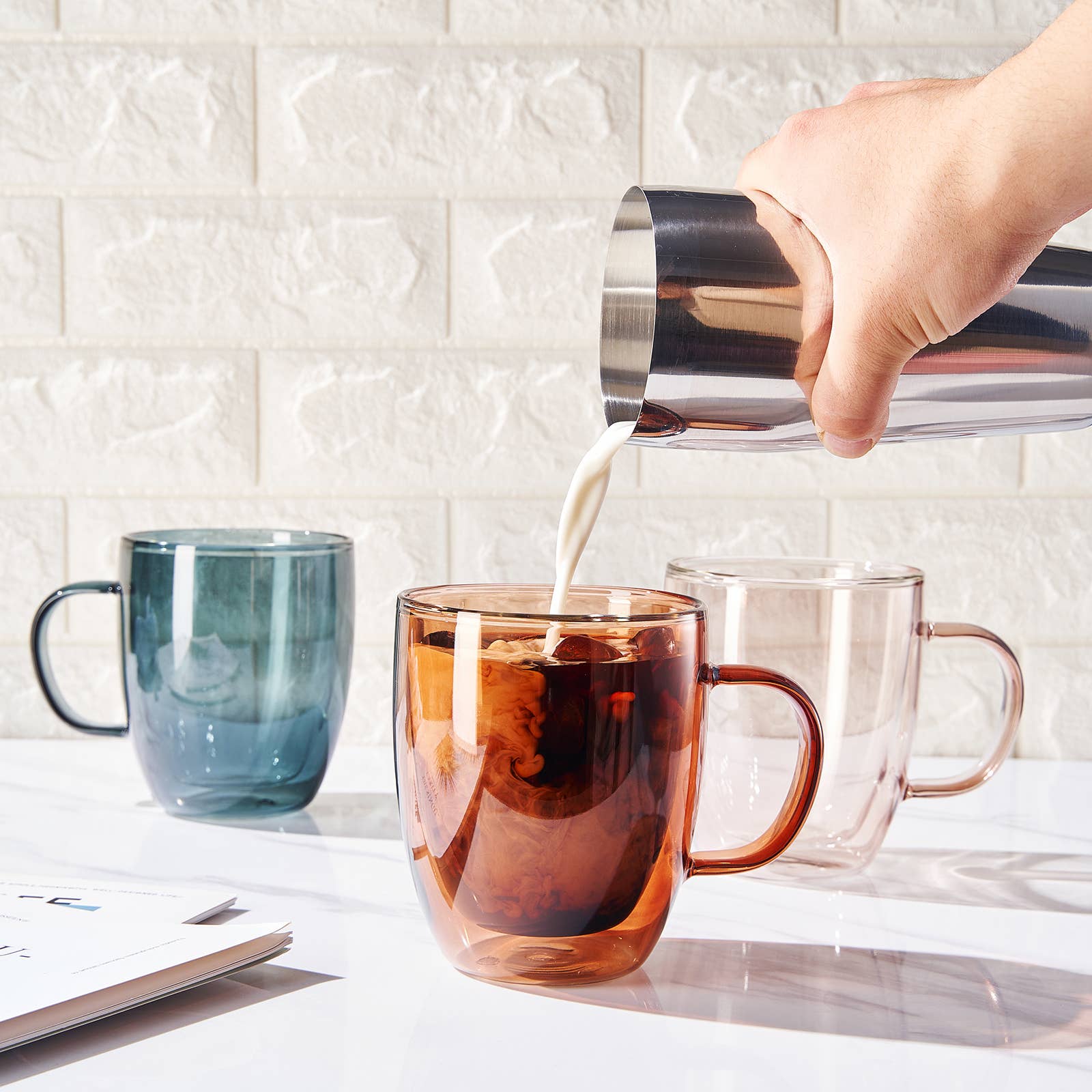 Double Wall Insulated Colored Glass Mugs - Set of 6, 18 OZ - Decor Addict, LLC