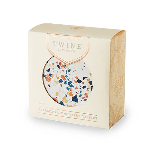 Terrazzo Pattern White Stoneware Coasters w/ Stand -Set of 4 - Decor Addict, LLC