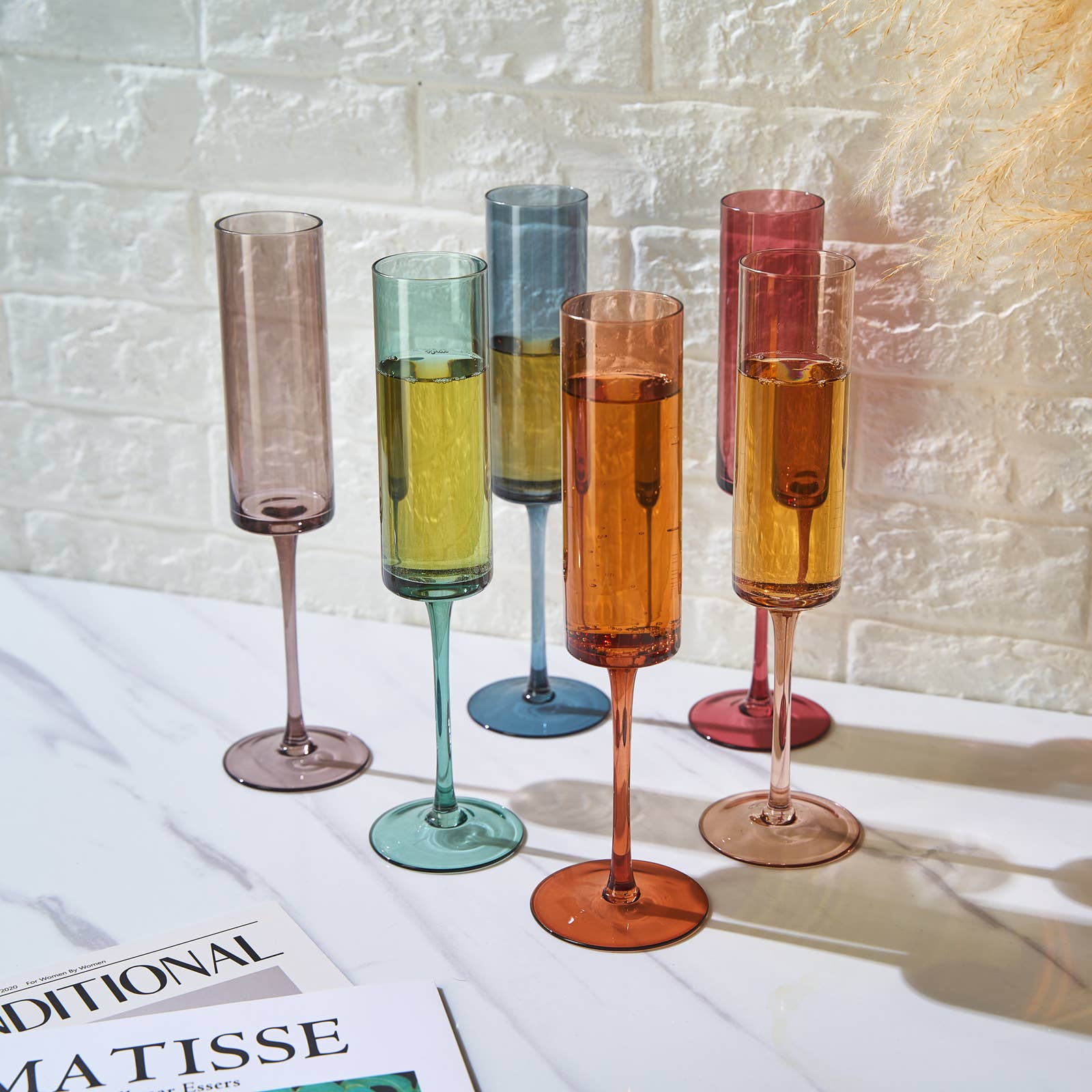 Khen Muted Rainbow Champagne Flute Stemmed Glasses Set of 6 - Decor Addict, LLC