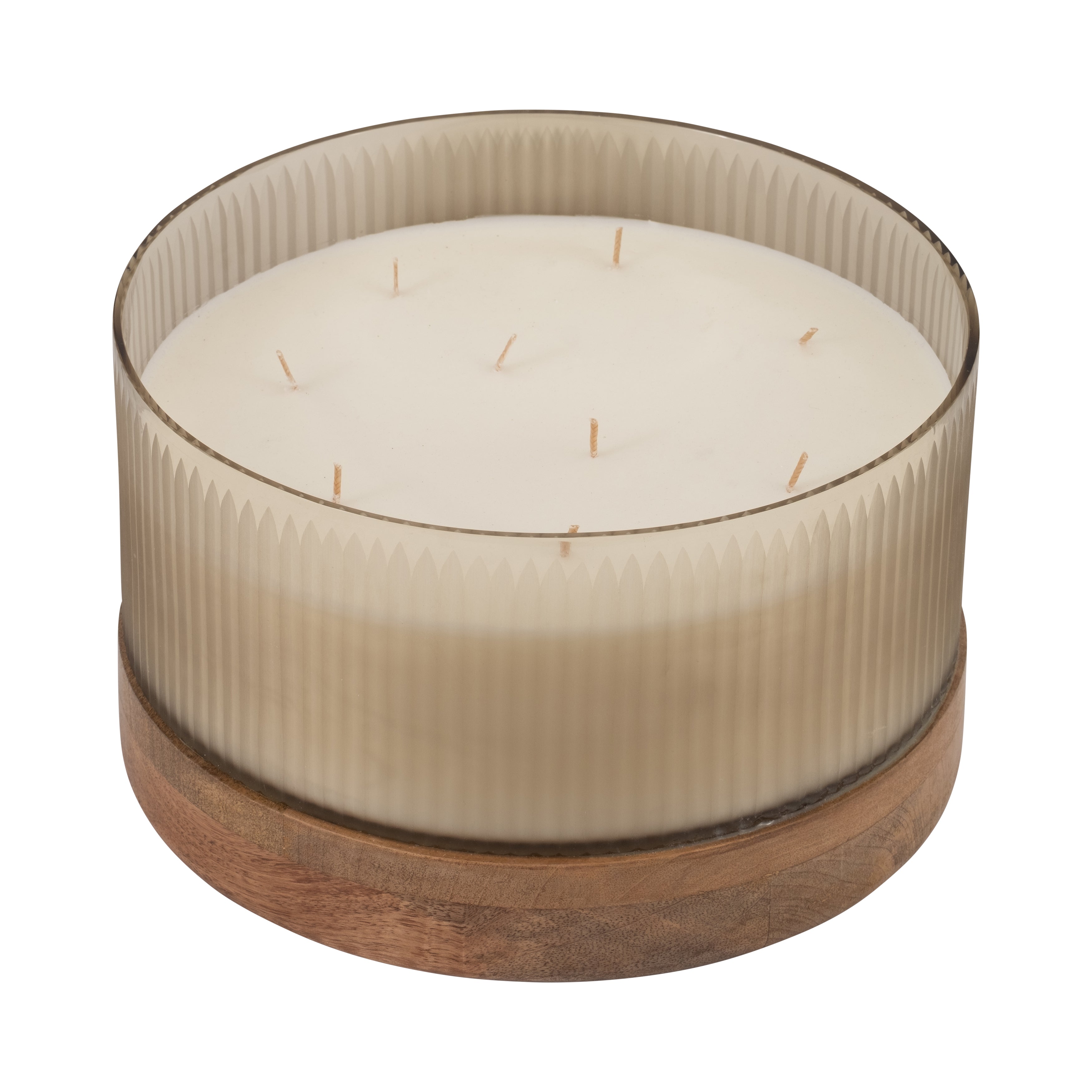 12" 183 Oz Glass Candle W/ Wood Base, Ivory - Decor Addict, LLC