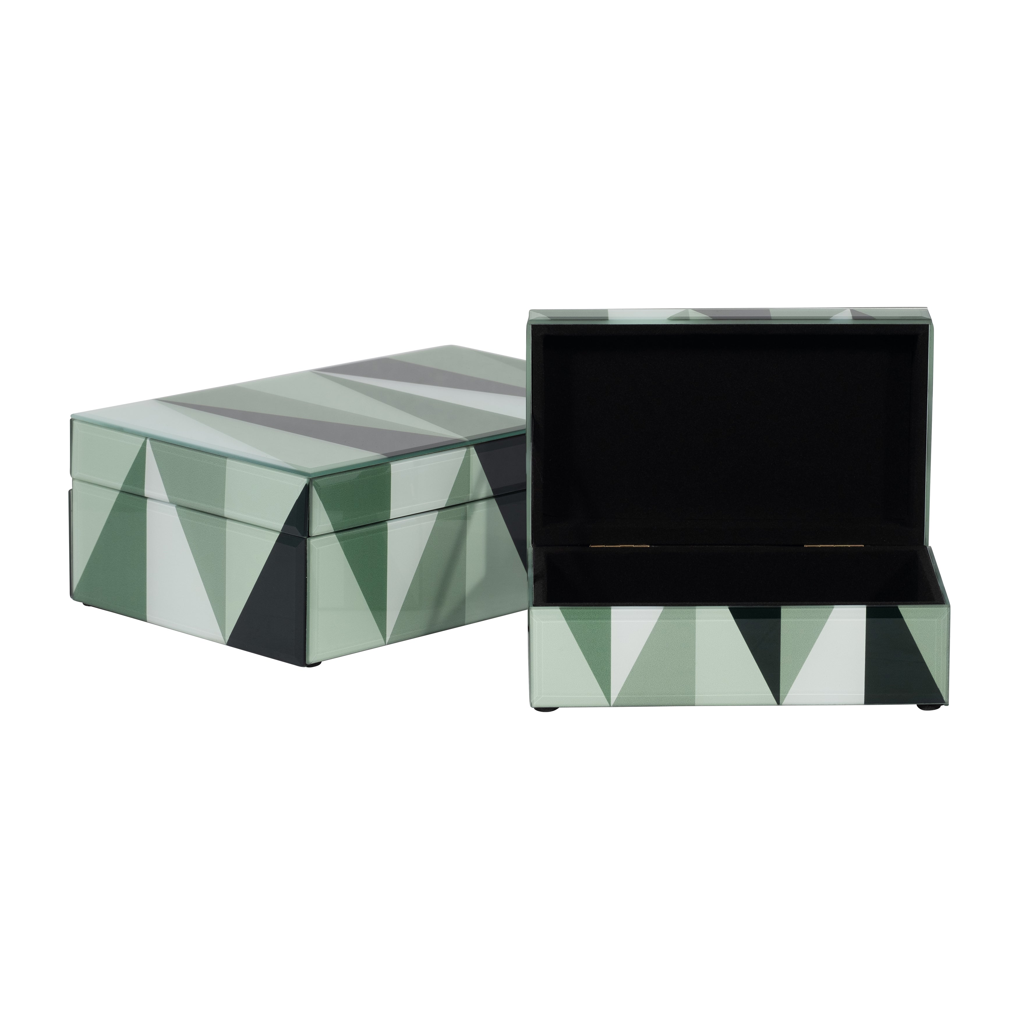 Glass, S/2 8/11" Triangles Boxes, Green/white - Decor Addict, LLC