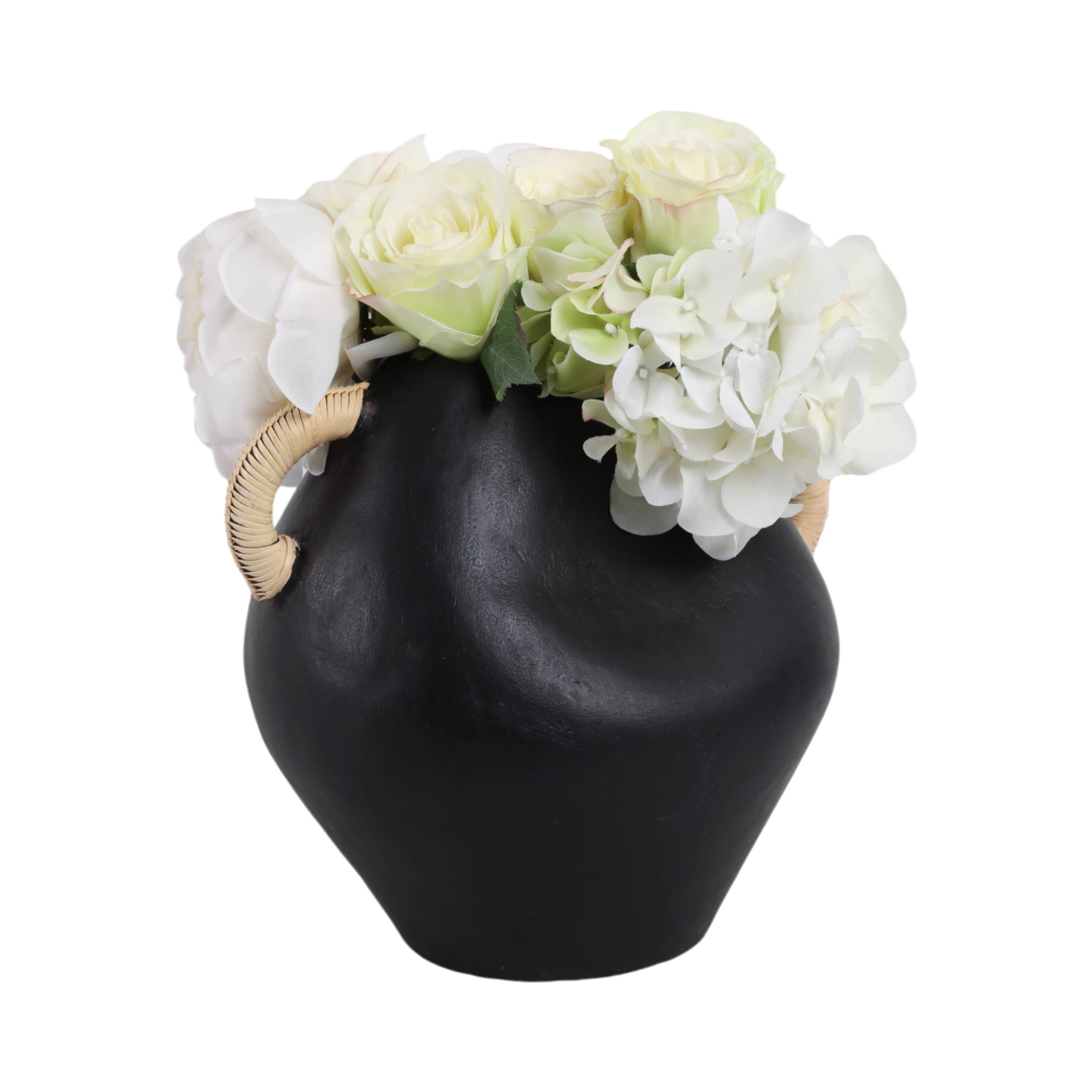 Black 10 in. Pottery Novelty Jug Vase with Rattan Handles - Decor Addict, LLC
