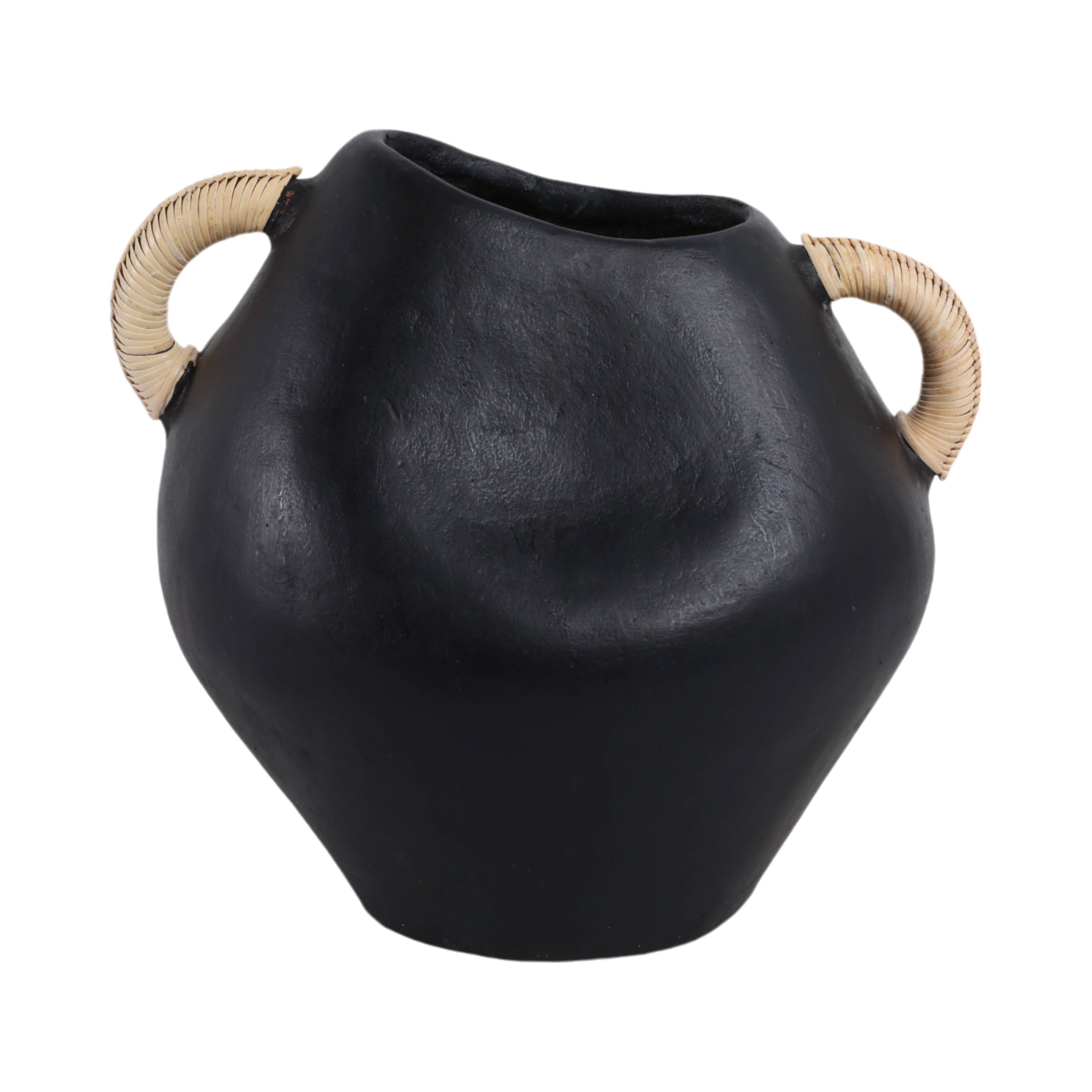 Black 10 in. Pottery Novelty Jug Vase with Rattan Handles - Decor Addict, LLC