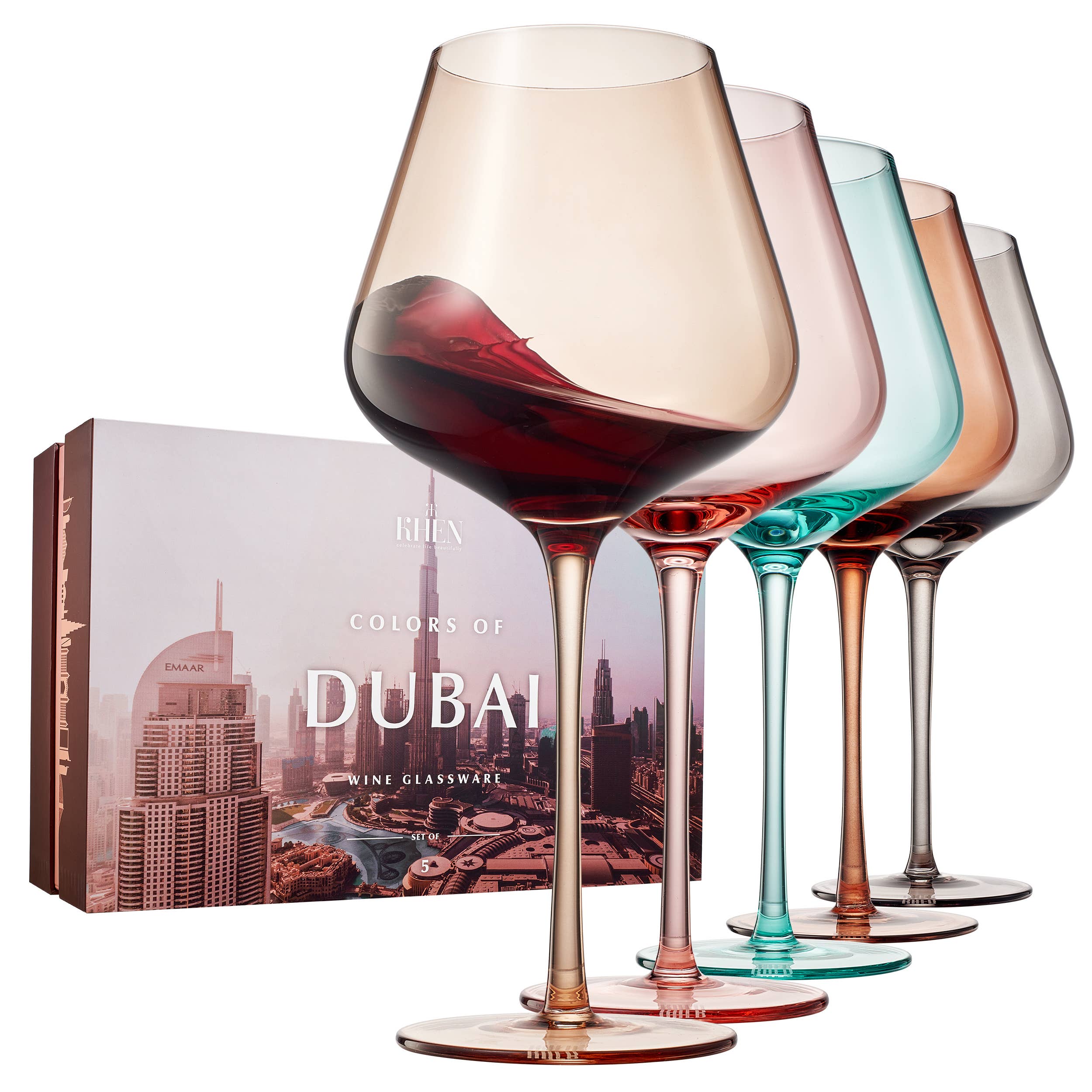Colors of Dubai, City Wine Glassware | Set of 5, 20 OZ - Decor Addict, LLC