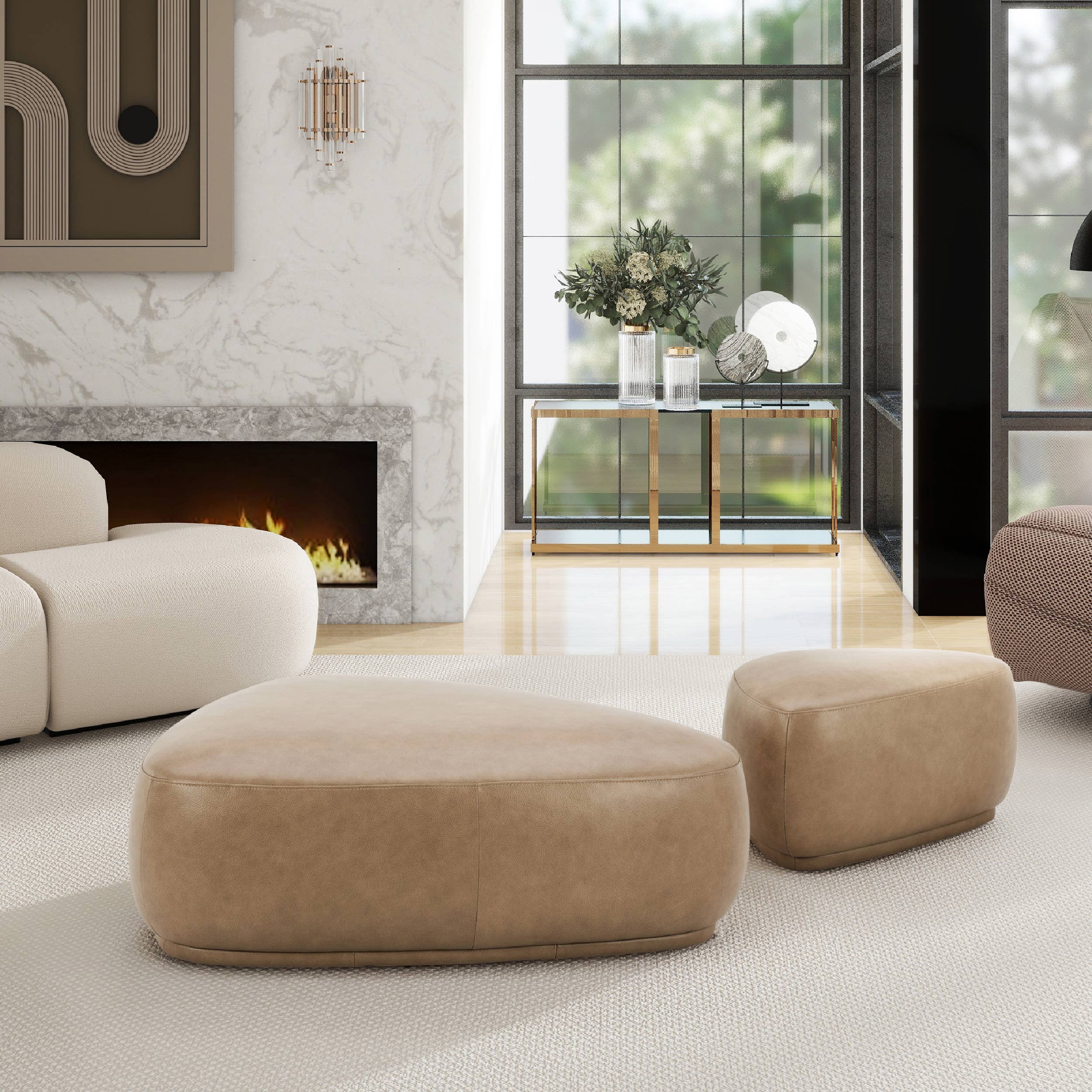 Pebble 44" & 26" Rounded Triangle Cocktail Ottoman Set: Mustard Yellow - Decor Addict, LLC