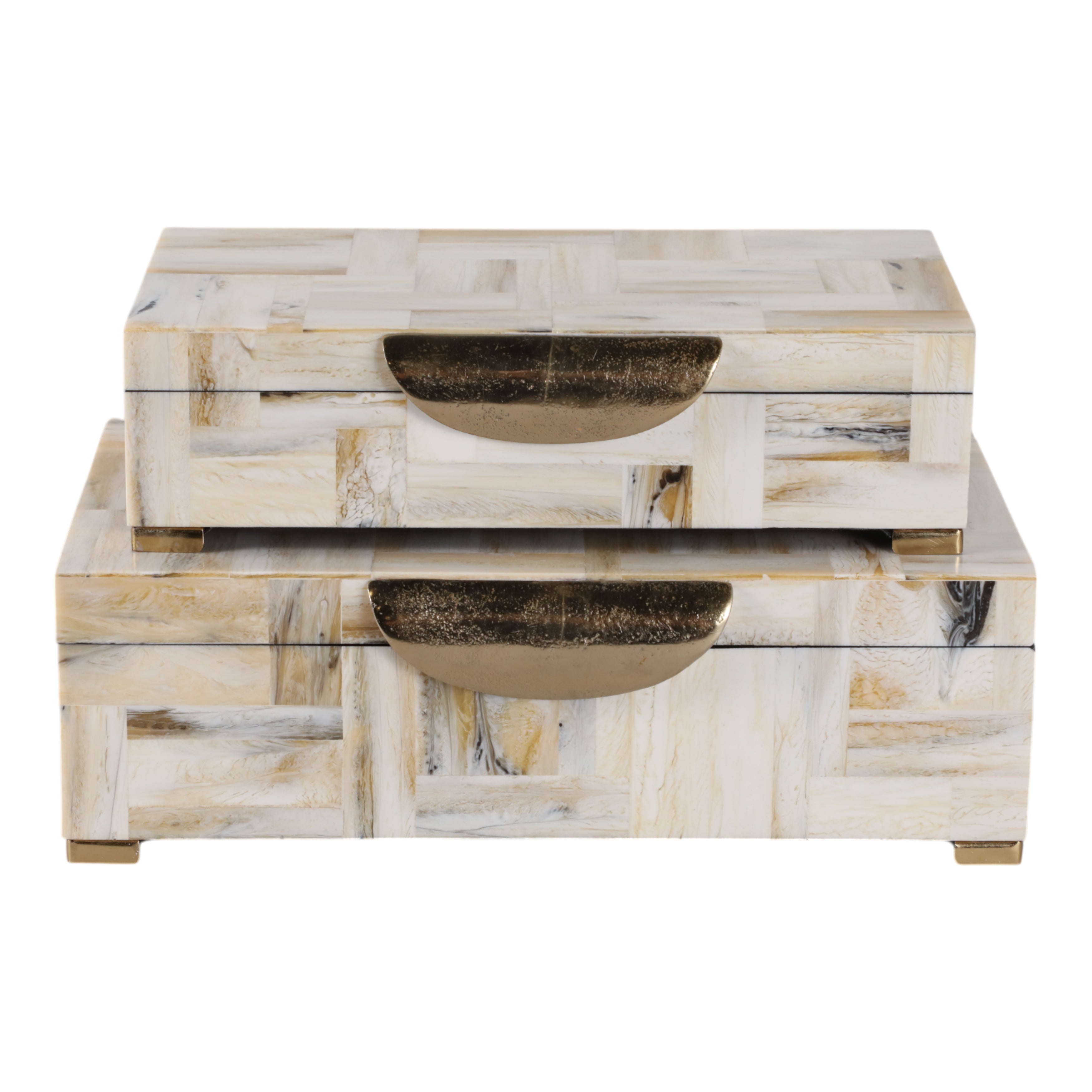 S/2 12/14" Marbled Resin Footed Boxes, Tan Multi - Decor Addict, LLC
