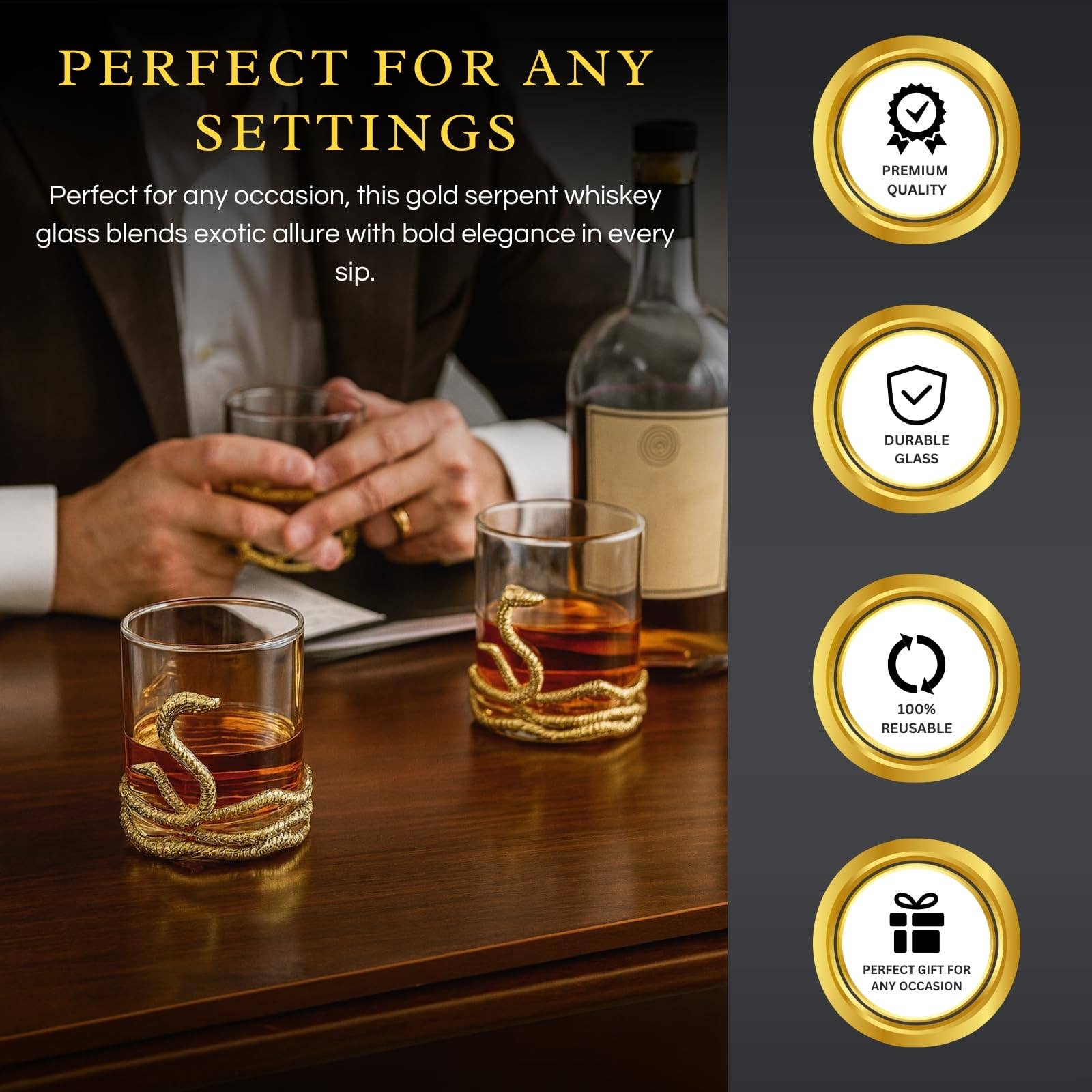 Snake Serpent Whiskey Glasses - 2 Glass Set Gold Design - Decor Addict, LLC