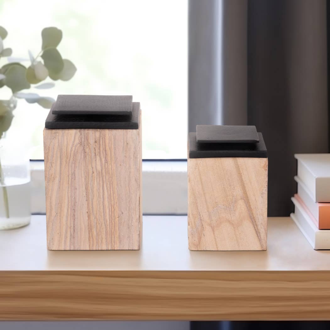 Decorative Boxes Set of 2 - Brown Marble Sandstone, 8/9 in. - Decor Addict, LLC