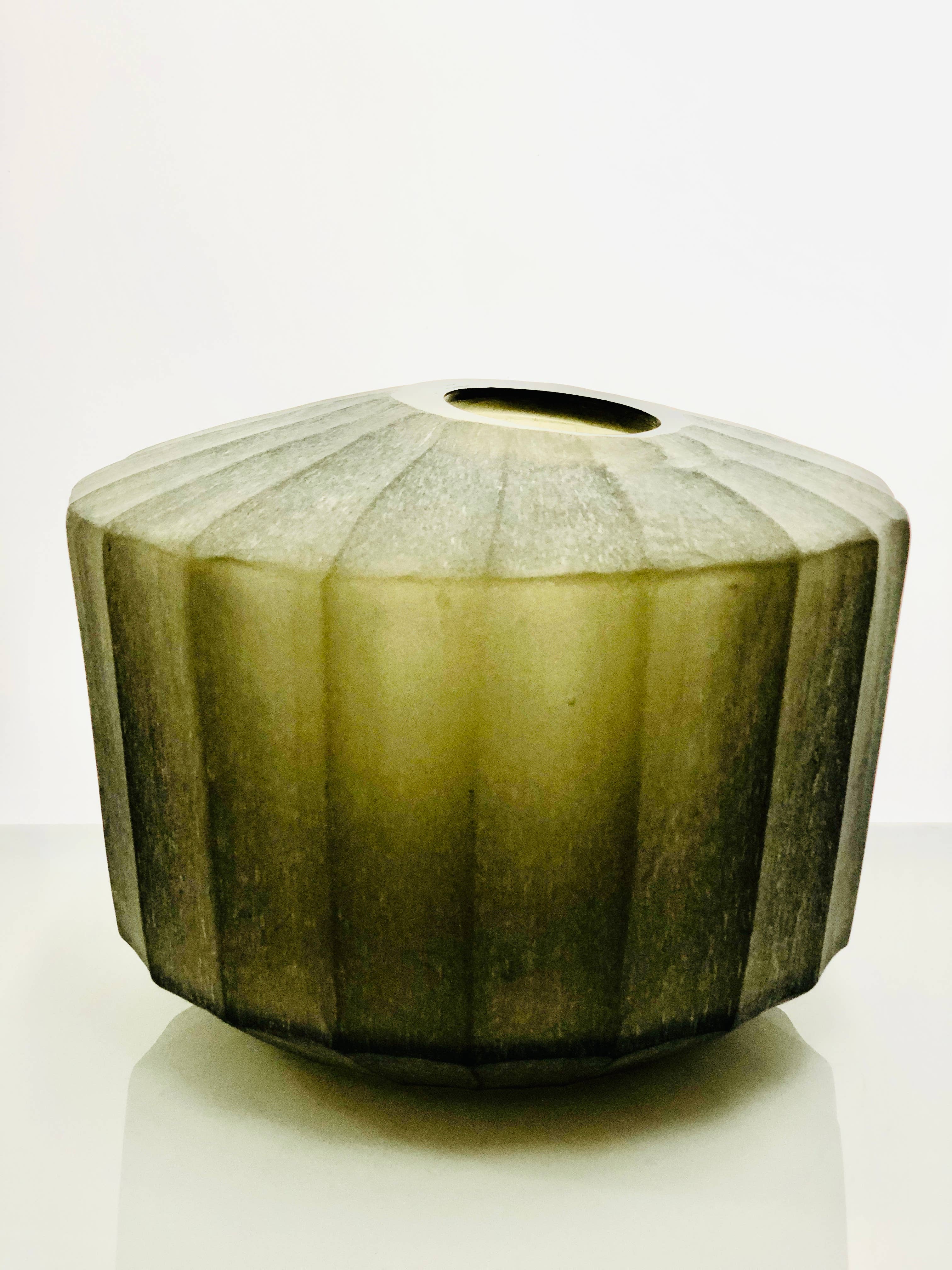 Vase Wide Smoke Vertical Flat Cut Stone Dia 9.75": Smoke / GLASS - Decor Addict, LLC