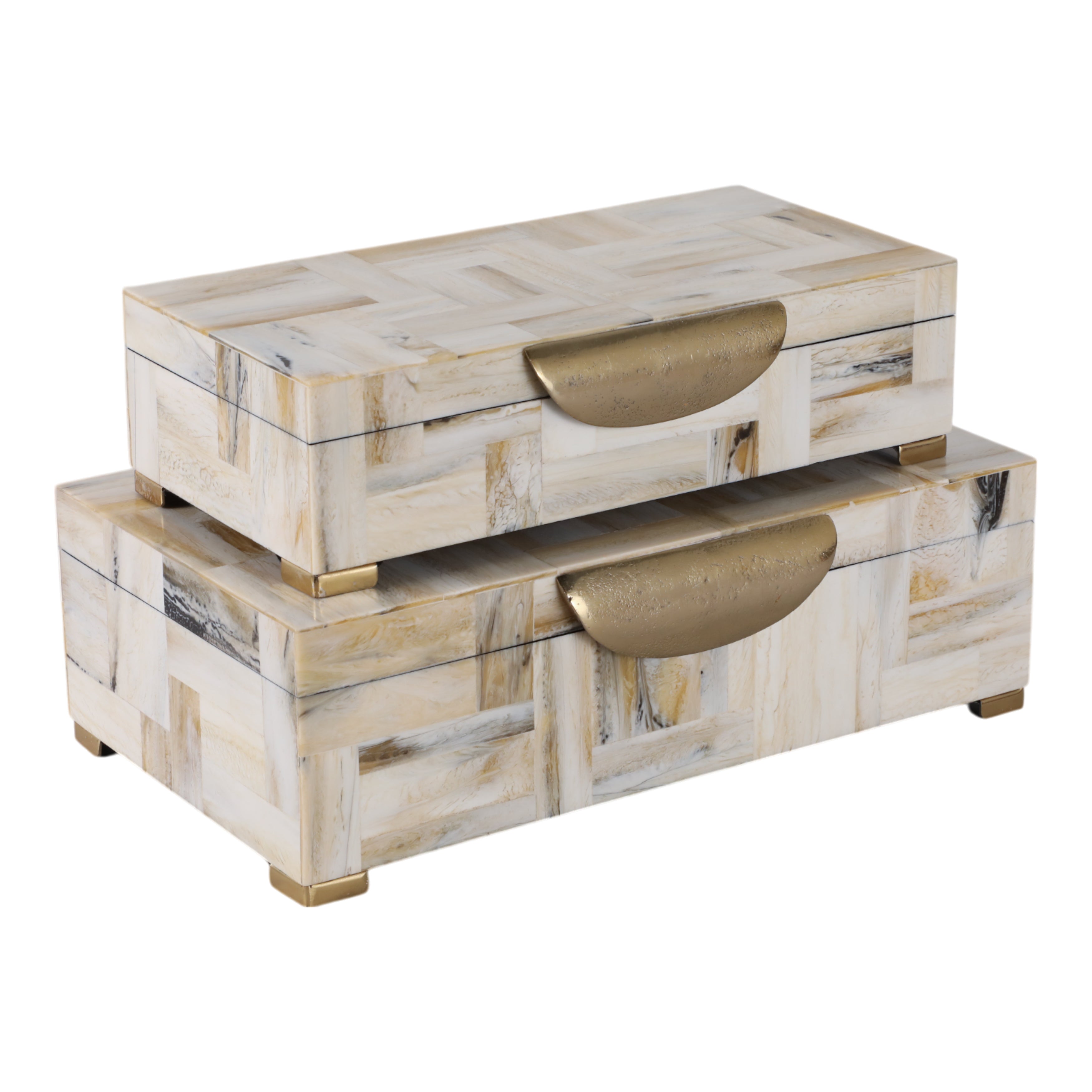 S/2 12/14" Marbled Resin Footed Boxes, Tan Multi - Decor Addict, LLC