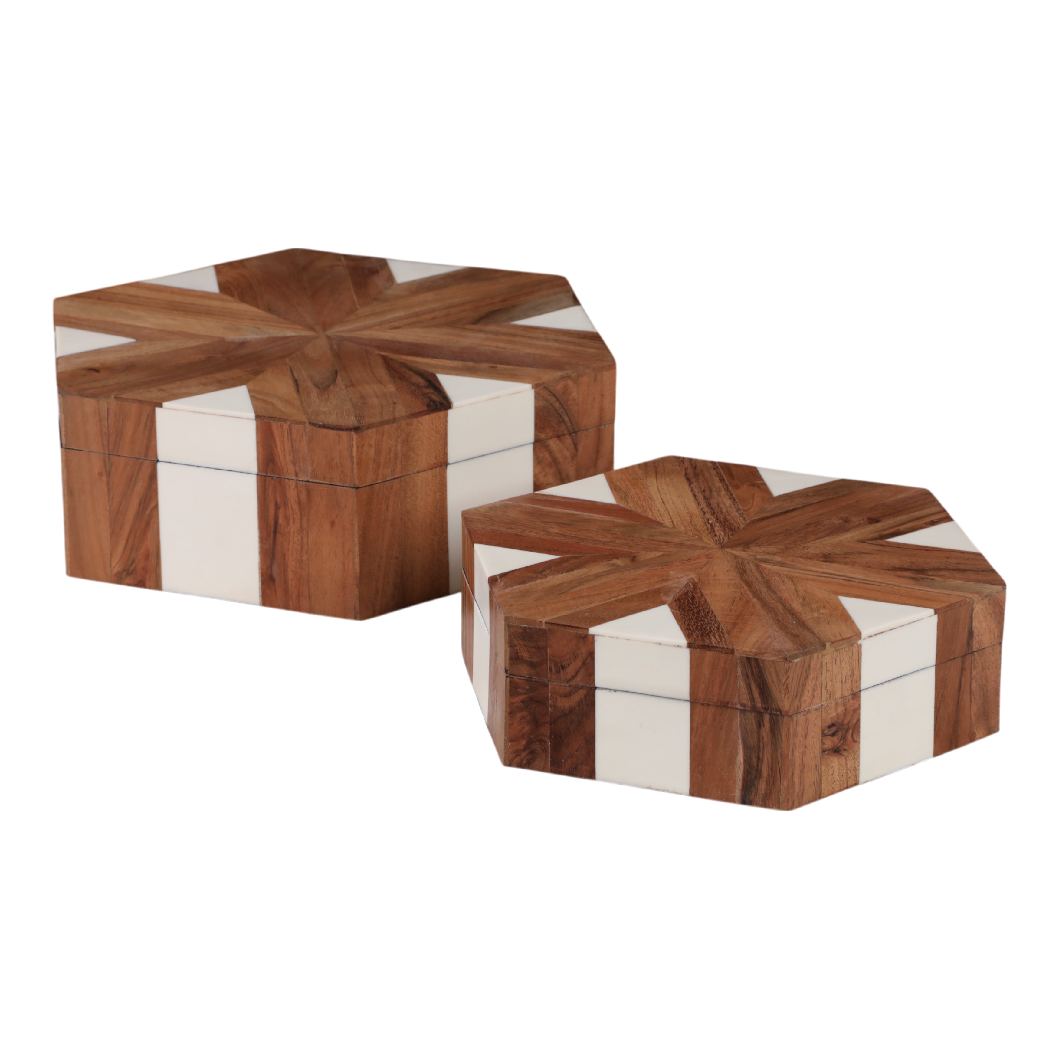 S/2 10/12" Wood Inlay Hexagon Boxes, Natural/white - Decor Addict, LLC