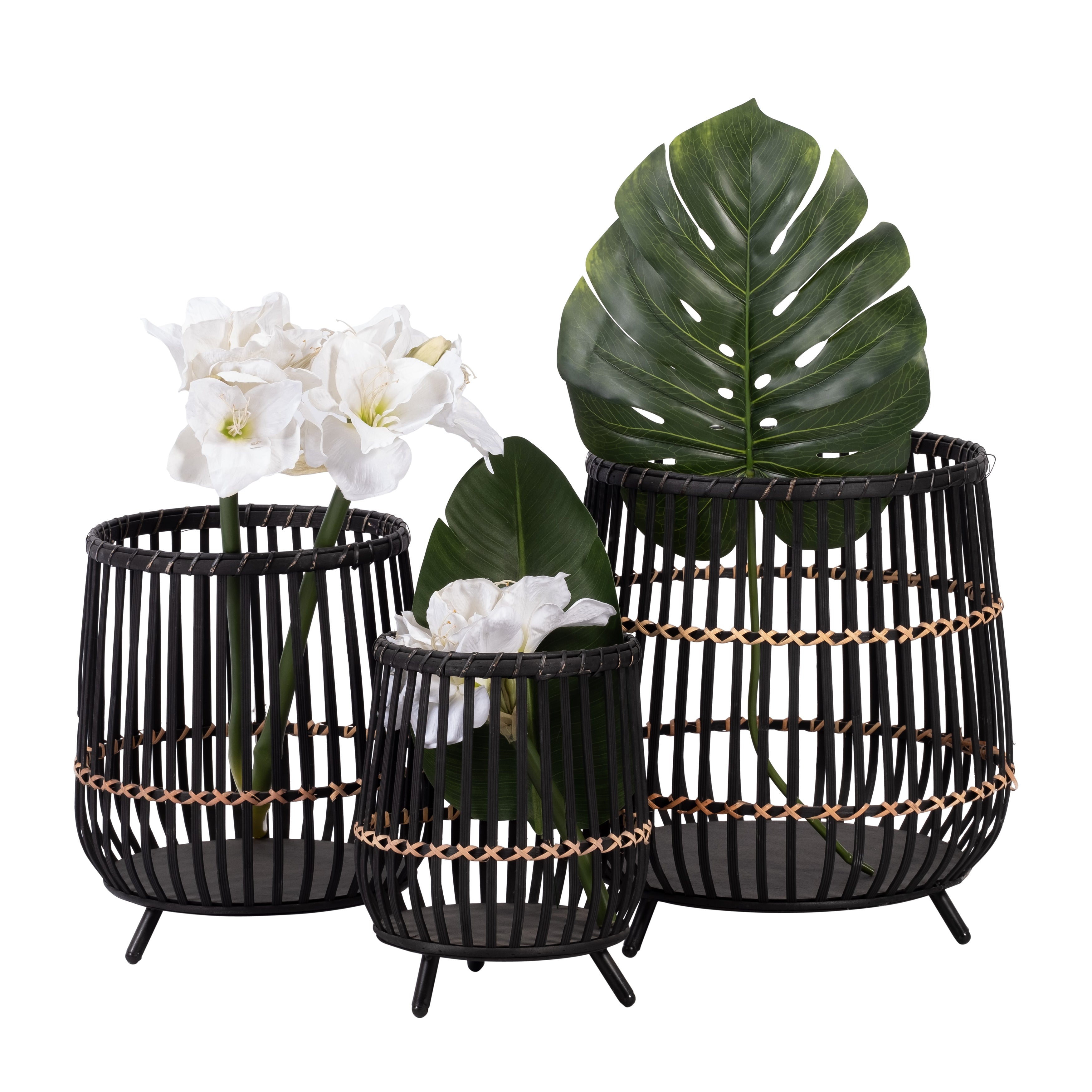 S/3 Bamboo Footed Planters 17/14/10", Black - Decor Addict, LLC