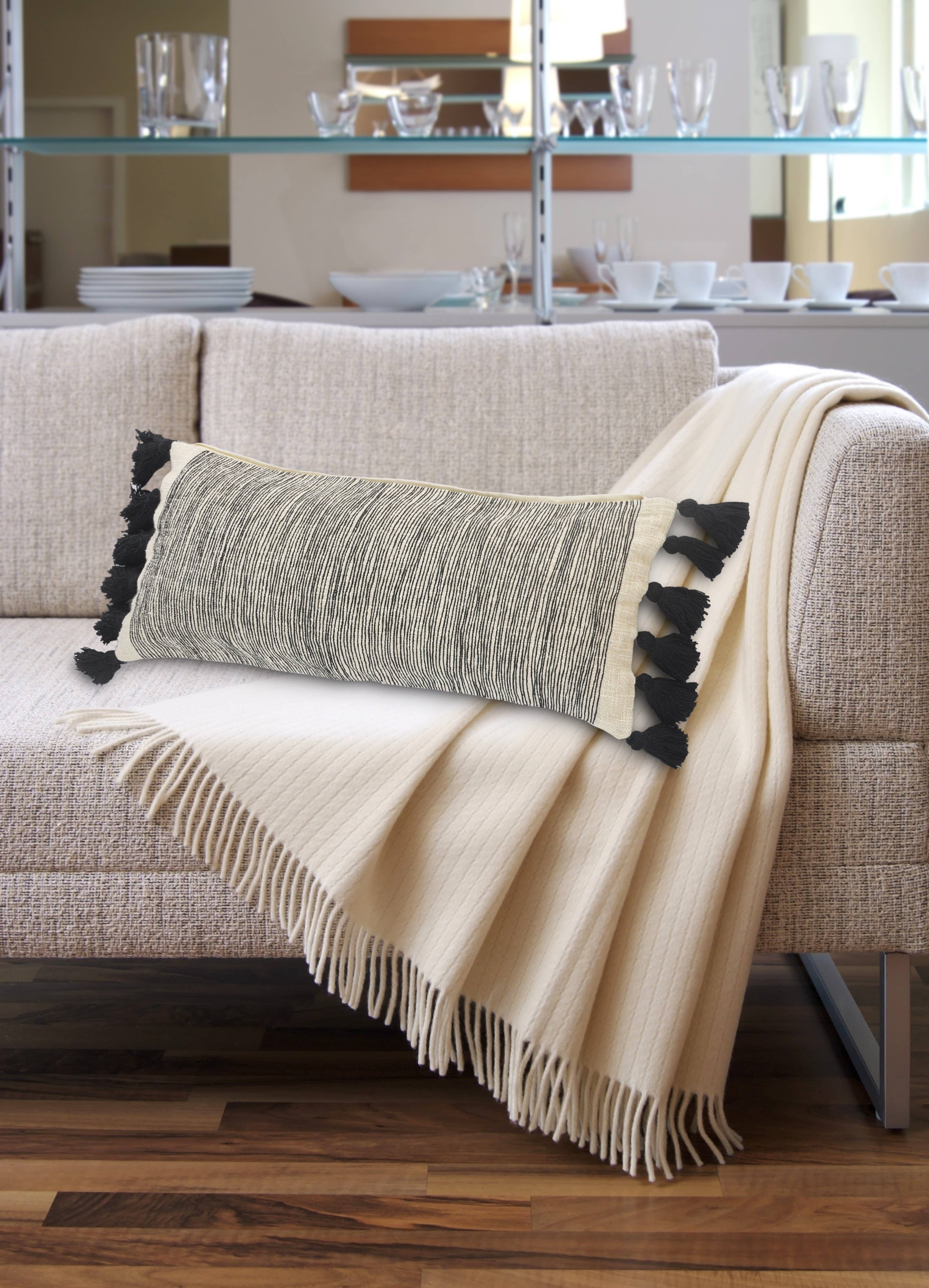 Distressed Gray and Black Fringe Pillow: Gray/Black/Ivory / Poly Filled - Decor Addict, LLC