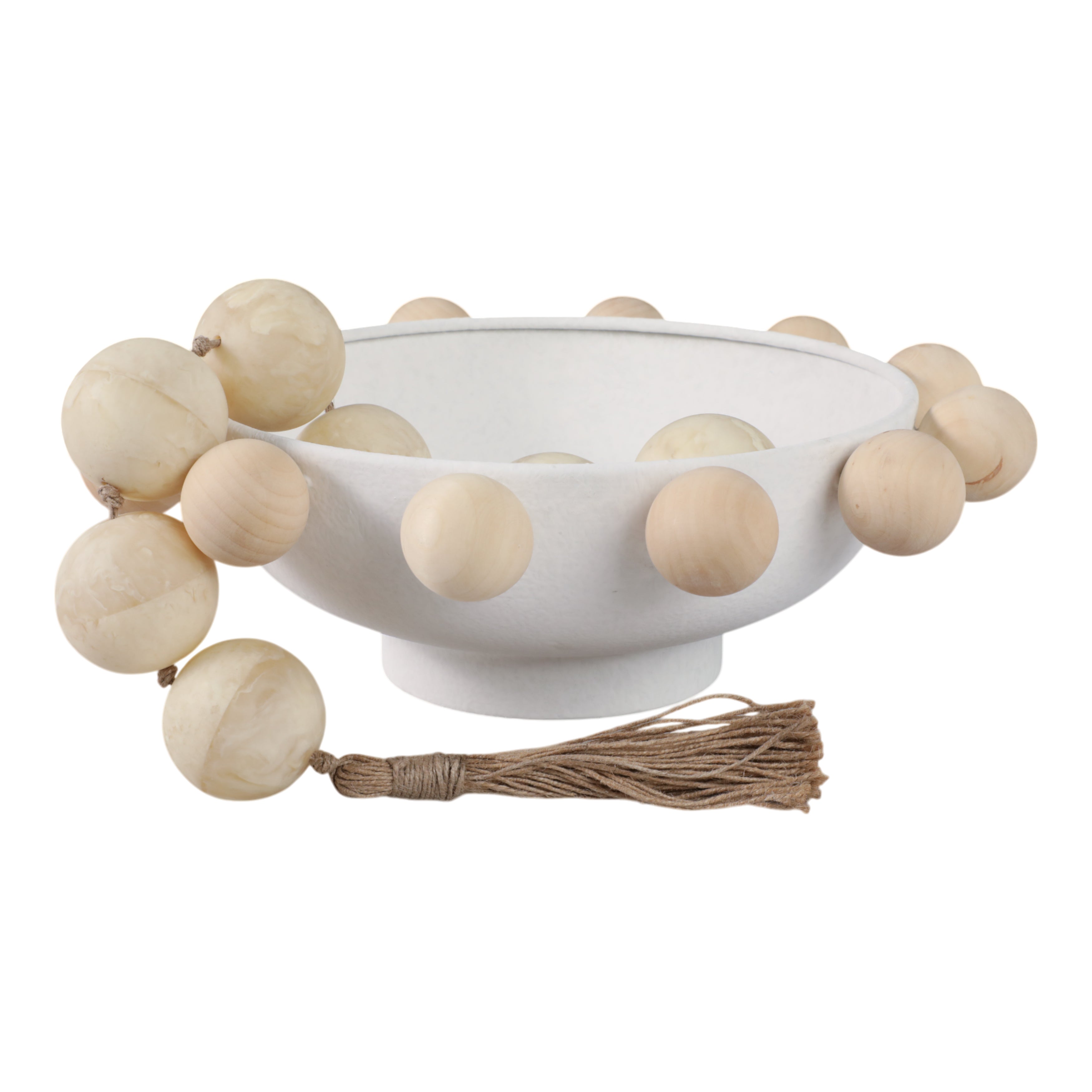13" Bowl With Large Wooden Knobs, White - Decor Addict, LLC
