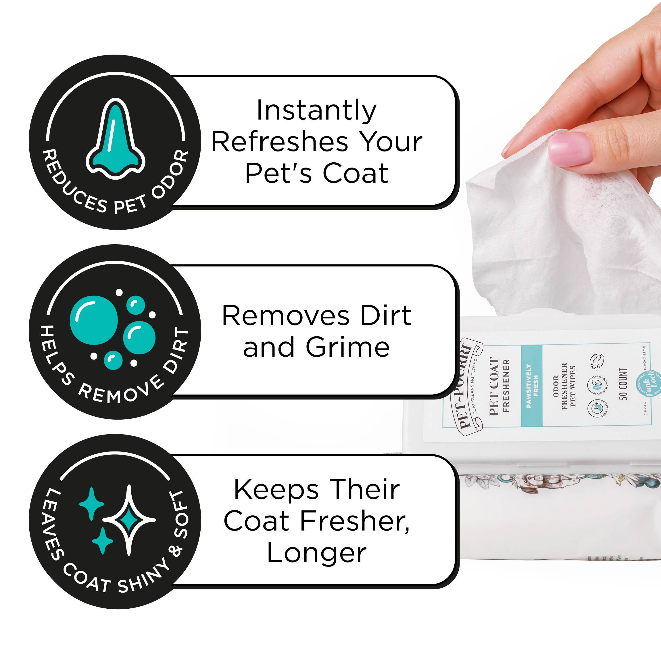 Pet~Pourri - Pet Coat Wipes - 50ct - Pawsitively Fresh Scent - Decor Addict, LLC