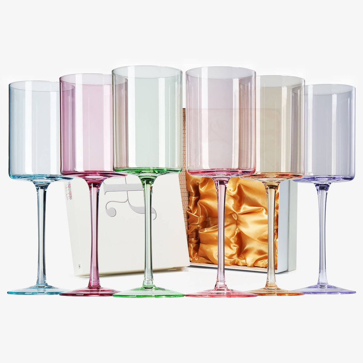 Colored Square Crystal Wine Glasses | 6 Set, 12 OZ