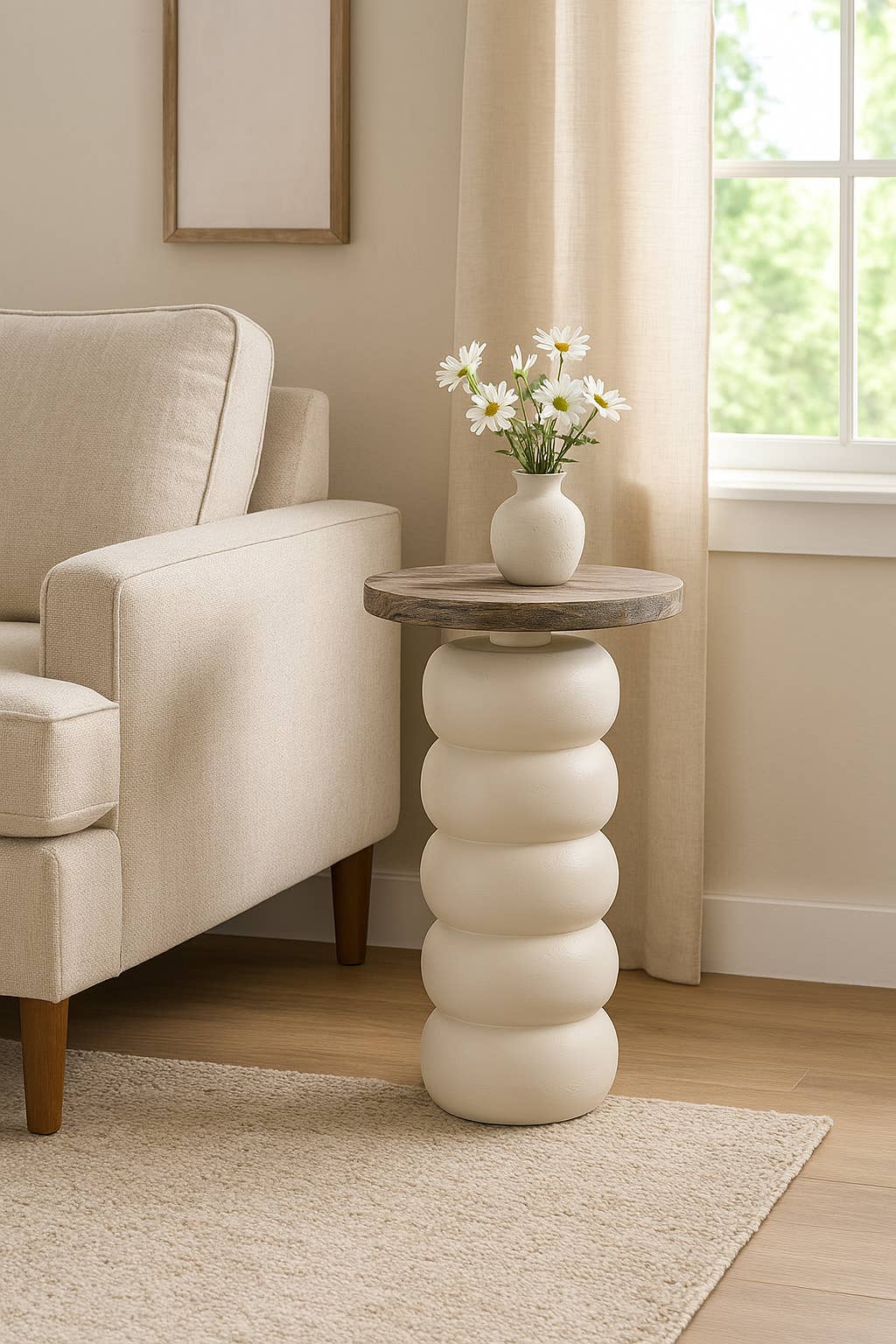 Wood Marble Top Stacked Ring End Table - White, 22 in. - Decor Addict, LLC