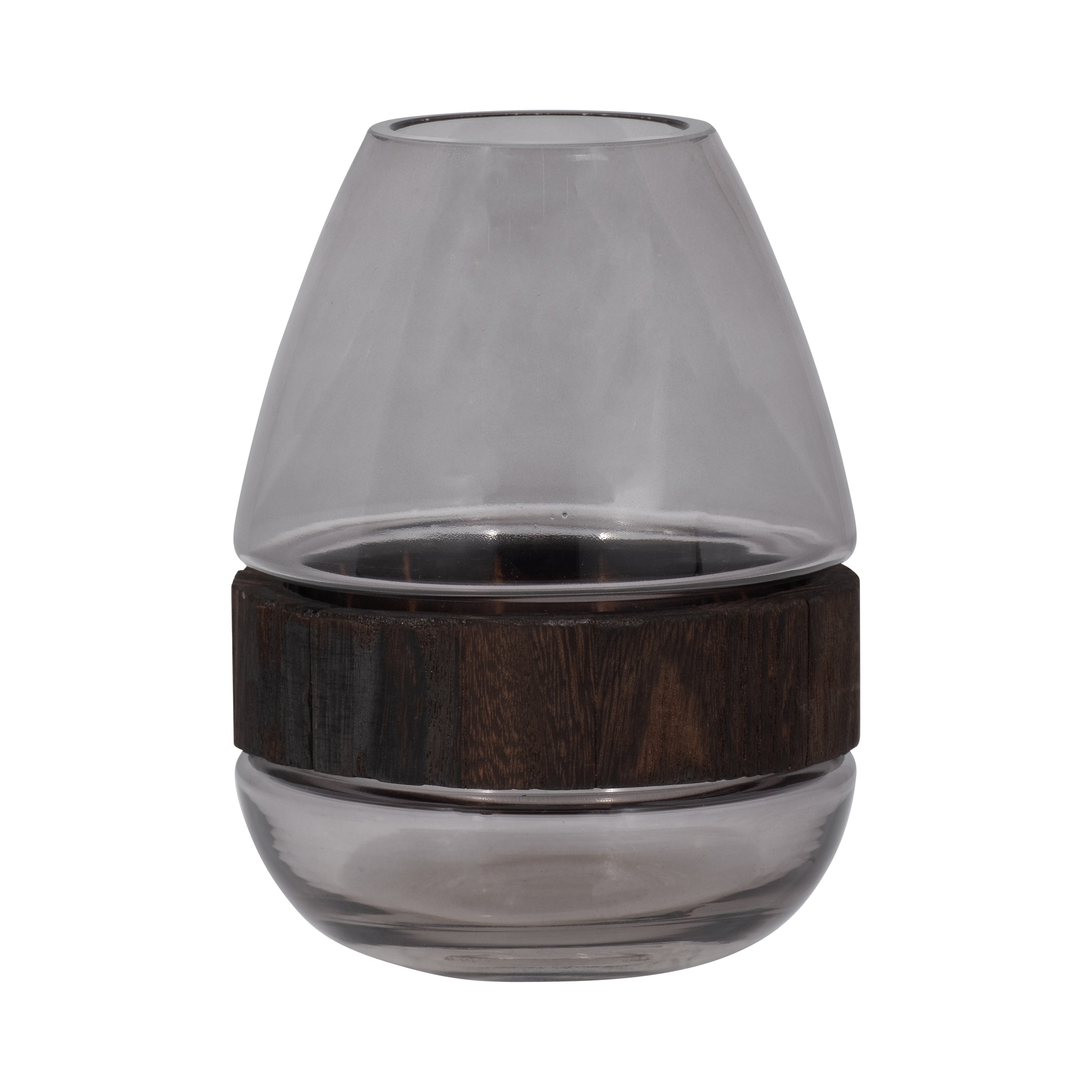 Glass, 10" Belly Vase W/ Wood Band, Clear - Decor Addict, LLC