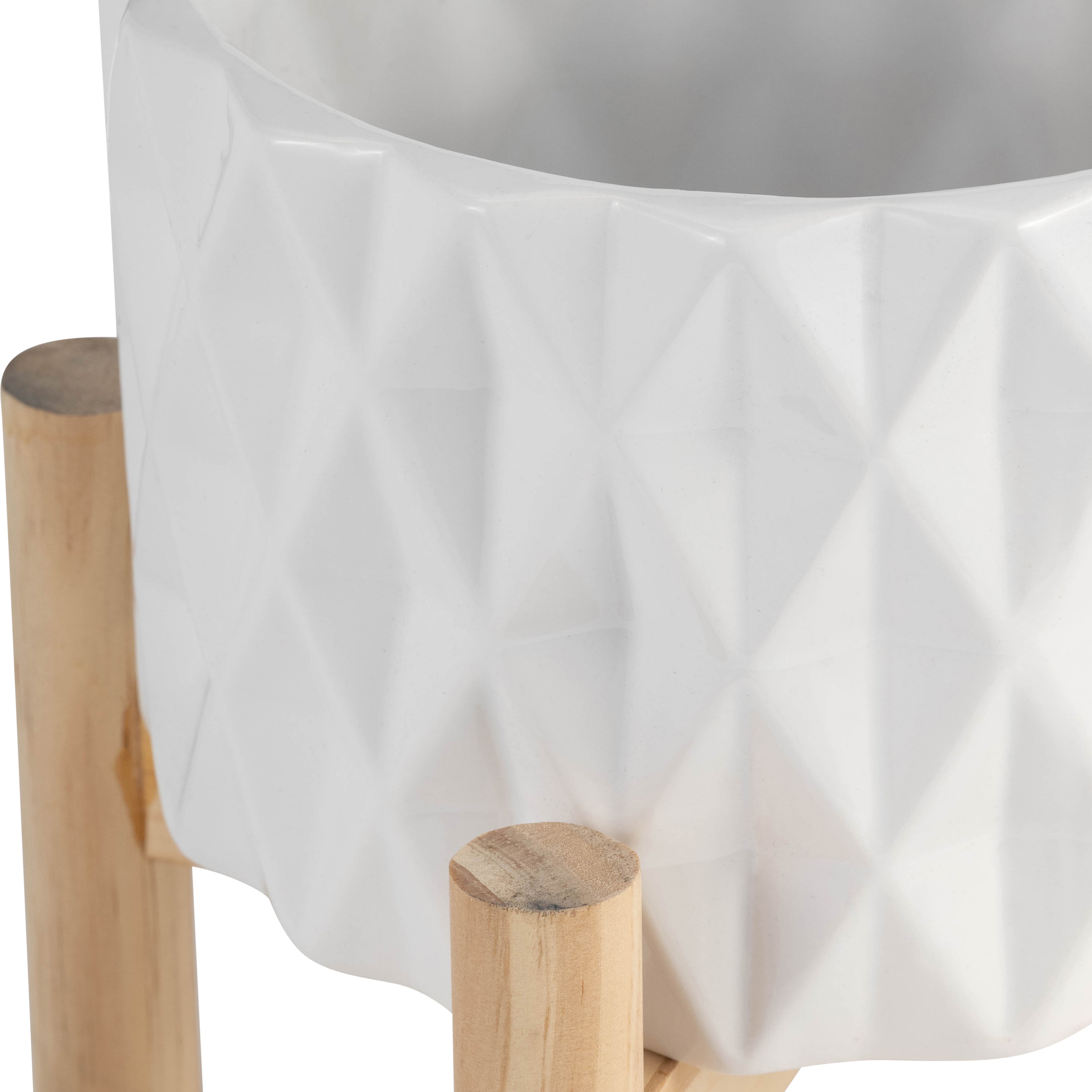6" Ceramic Diamond Planter W/ Wood Stand, White - Decor Addict, LLC