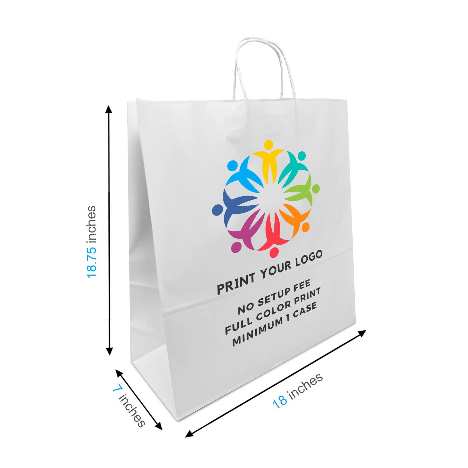 Custom Print Jumbo 18x7x18.75 White Paper Bag Twisted Handle: 100 bags - $1.26/pc / 1 side print (front) - Decor Addict, LLC
