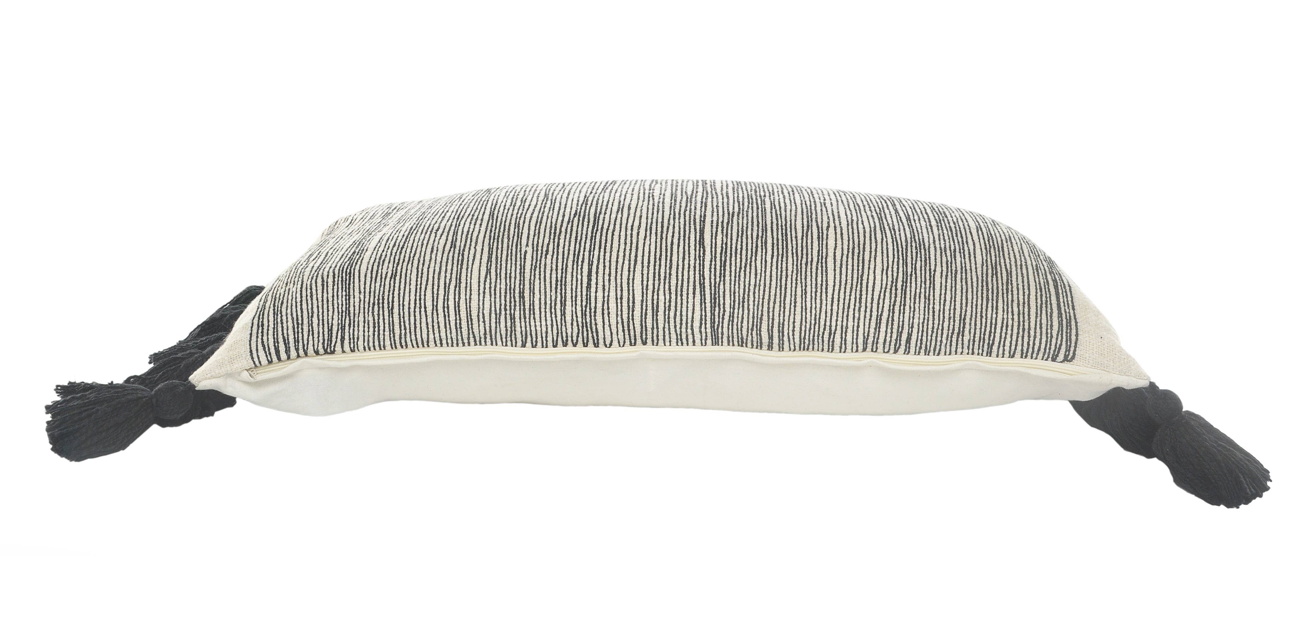 Distressed Gray and Black Fringe Pillow: Gray/Black/Ivory / Poly Filled - Decor Addict, LLC