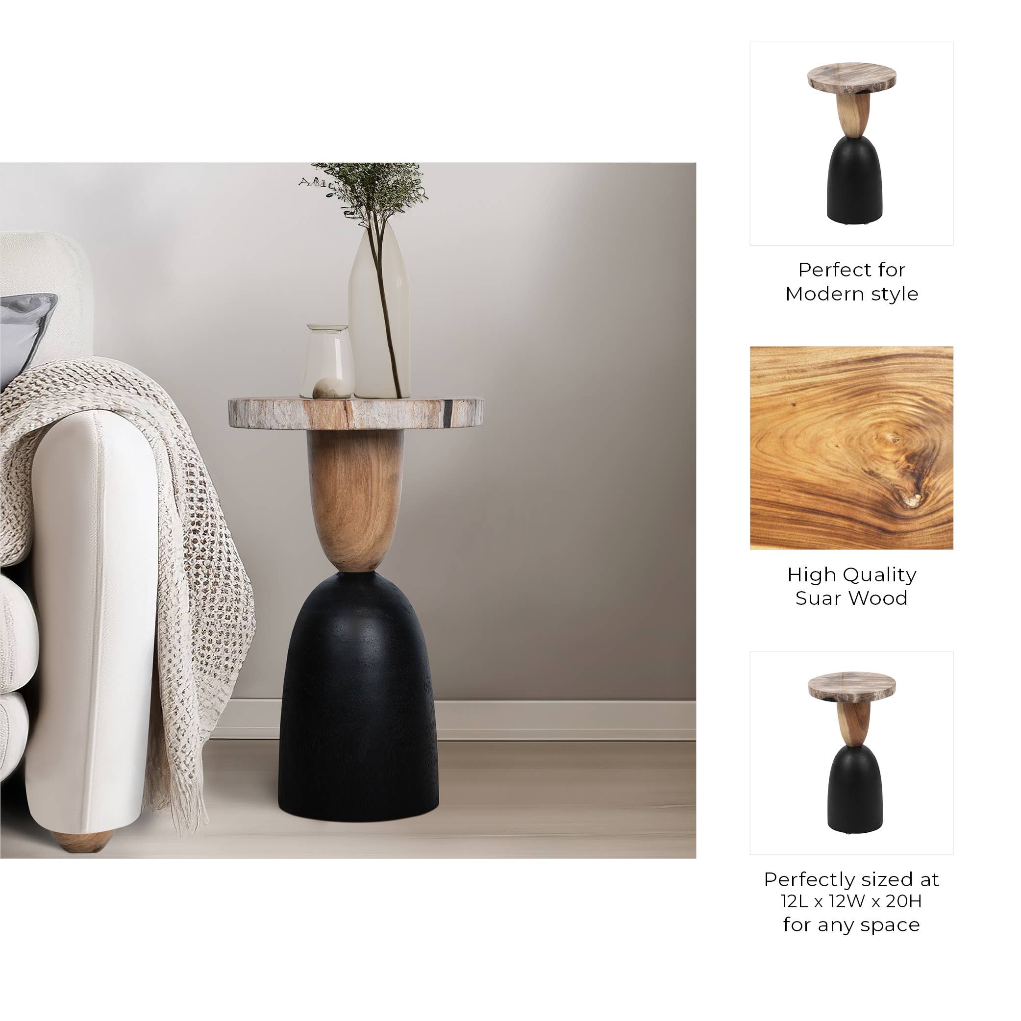 Suar Wood Modern End Table with Geometric Base - Tan, 20 in. - Decor Addict, LLC