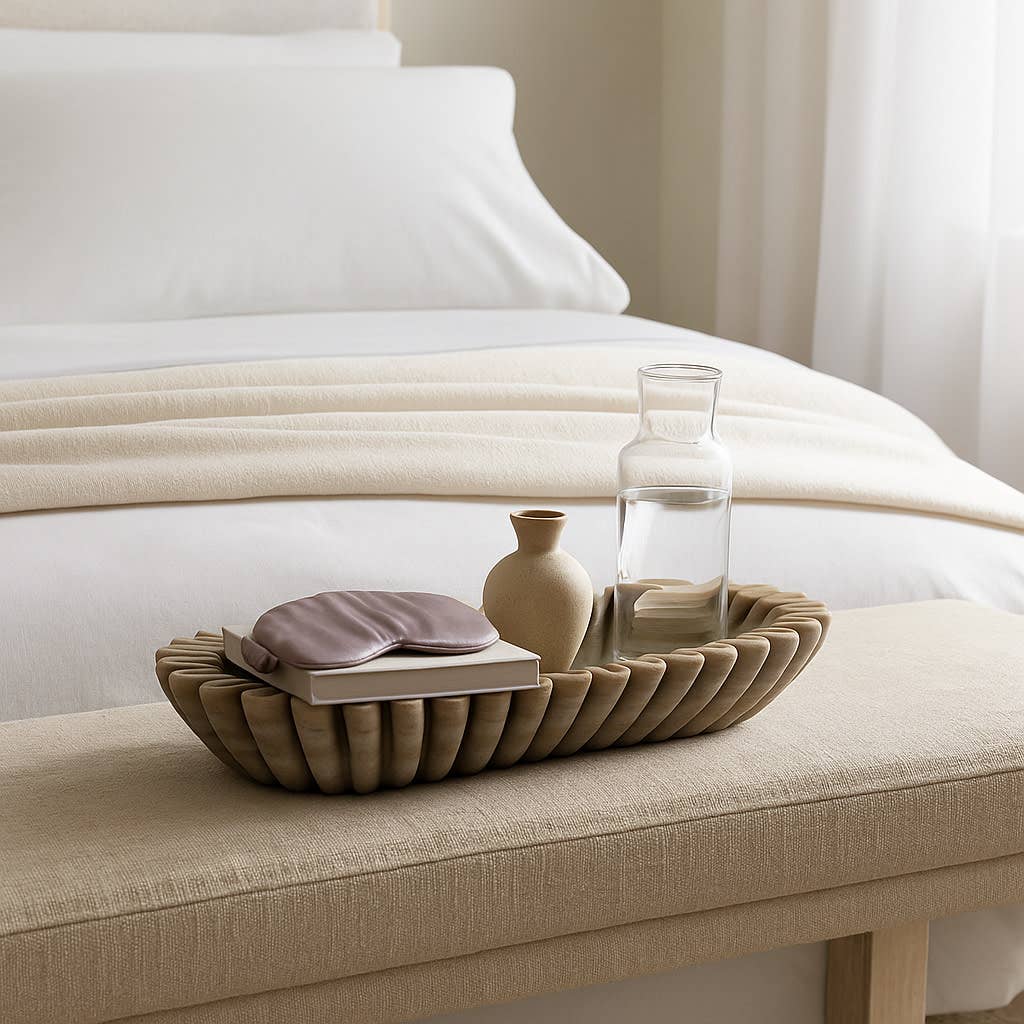 Decorative Bowl - Tan Marble Wavy Ribbed Texture, 16 in. - Decor Addict, LLC