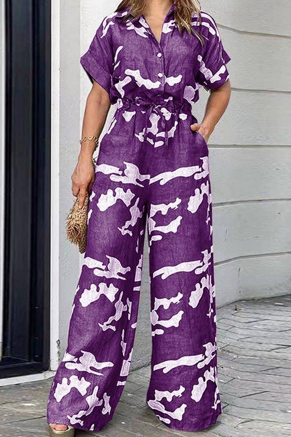 Short Sleeve Belted Wide Leg Jumpsuit: Army Green / 3XL - Decor Addict, LLC