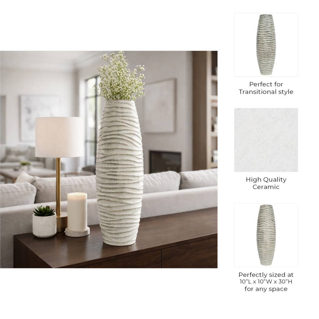 Decorative Vase - Gray Ceramic Ribbed Textured Design, 30 in - Decor Addict, LLC