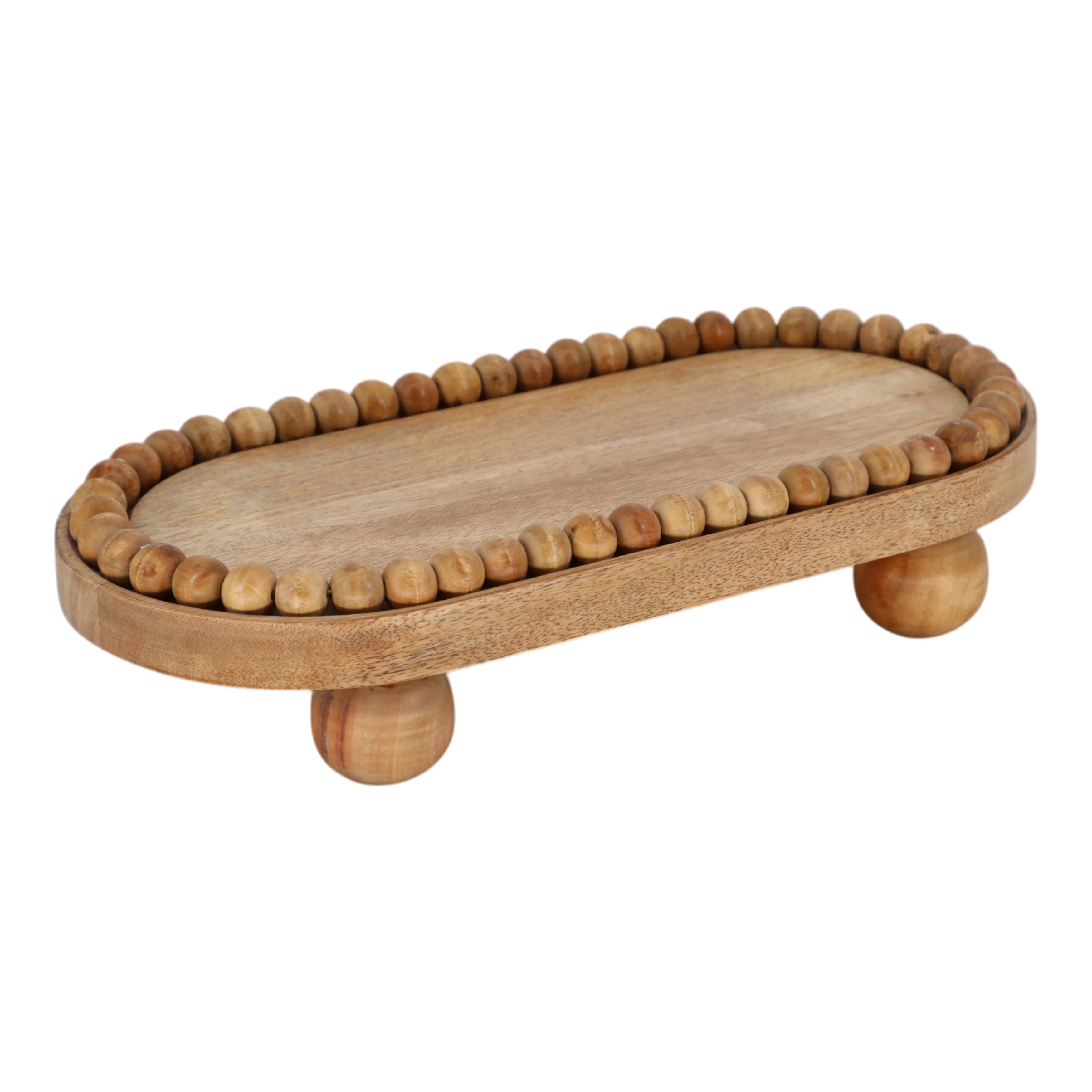 16" Beaded Oval Tray With Ball Feet, Natural - Decor Addict, LLC