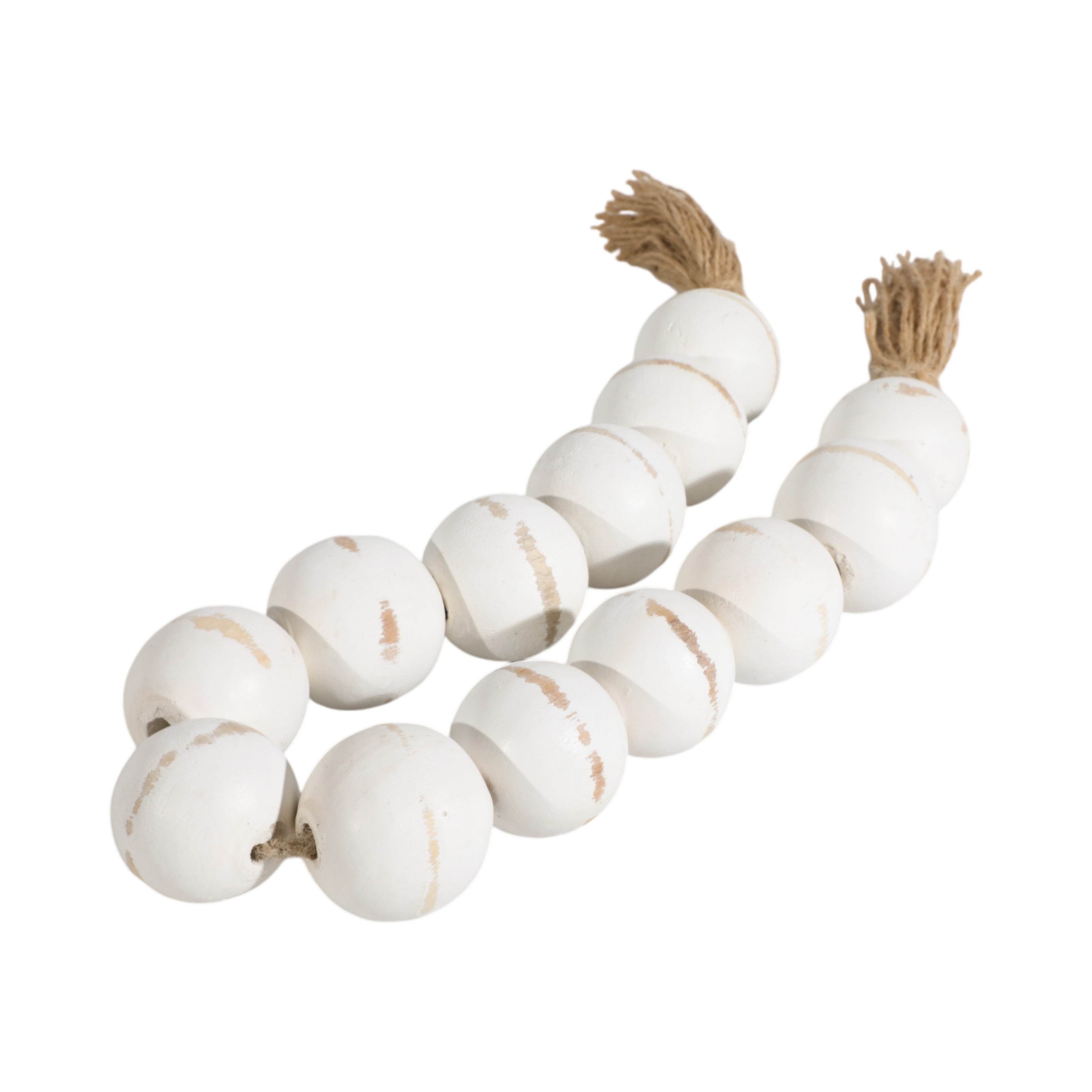 Wood, 32"l, 2"lrg Bead Garland W/ Tassel, Wht Wash - Decor Addict, LLC