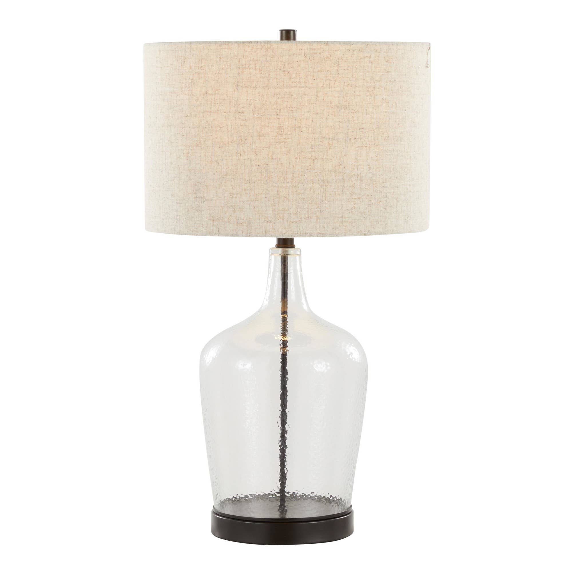 Botella 28" Glass Table Lamp with USB - Set of 2: Clear Dimpled Glass, Oil Bronze Metal, Natural Linen - Decor Addict, LLC