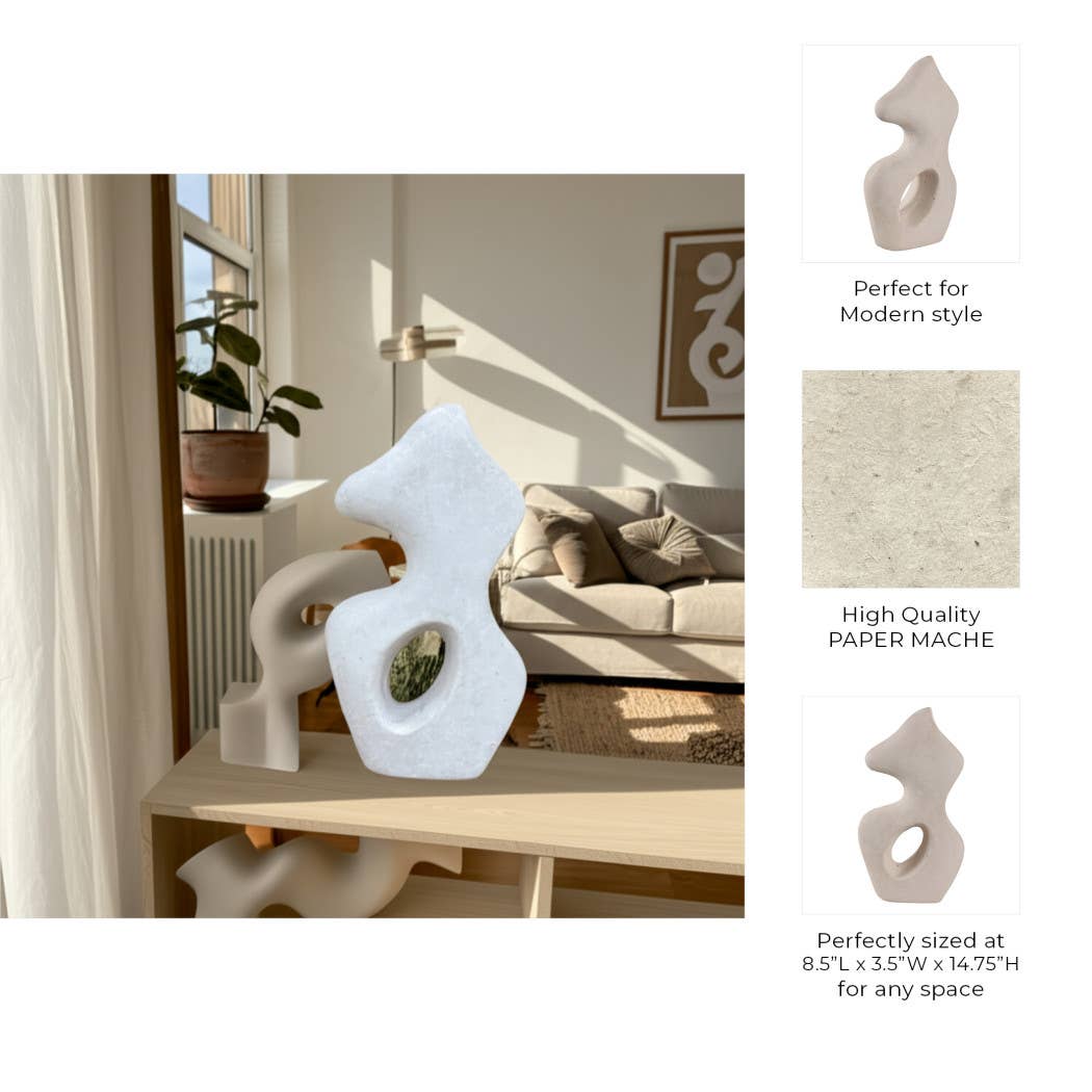 Ceramic Modern Curved Squiggle Sculpture - White, 15 in. - Decor Addict, LLC
