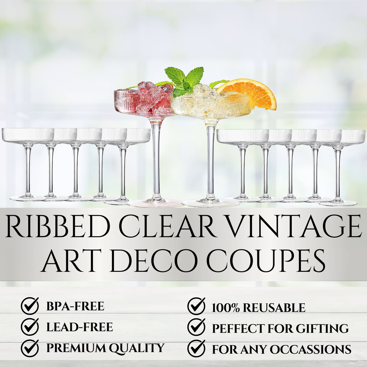 Ribbed Vintage Art Deco Coupe Glasses | Set of 12, 8OZ - Decor Addict, LLC