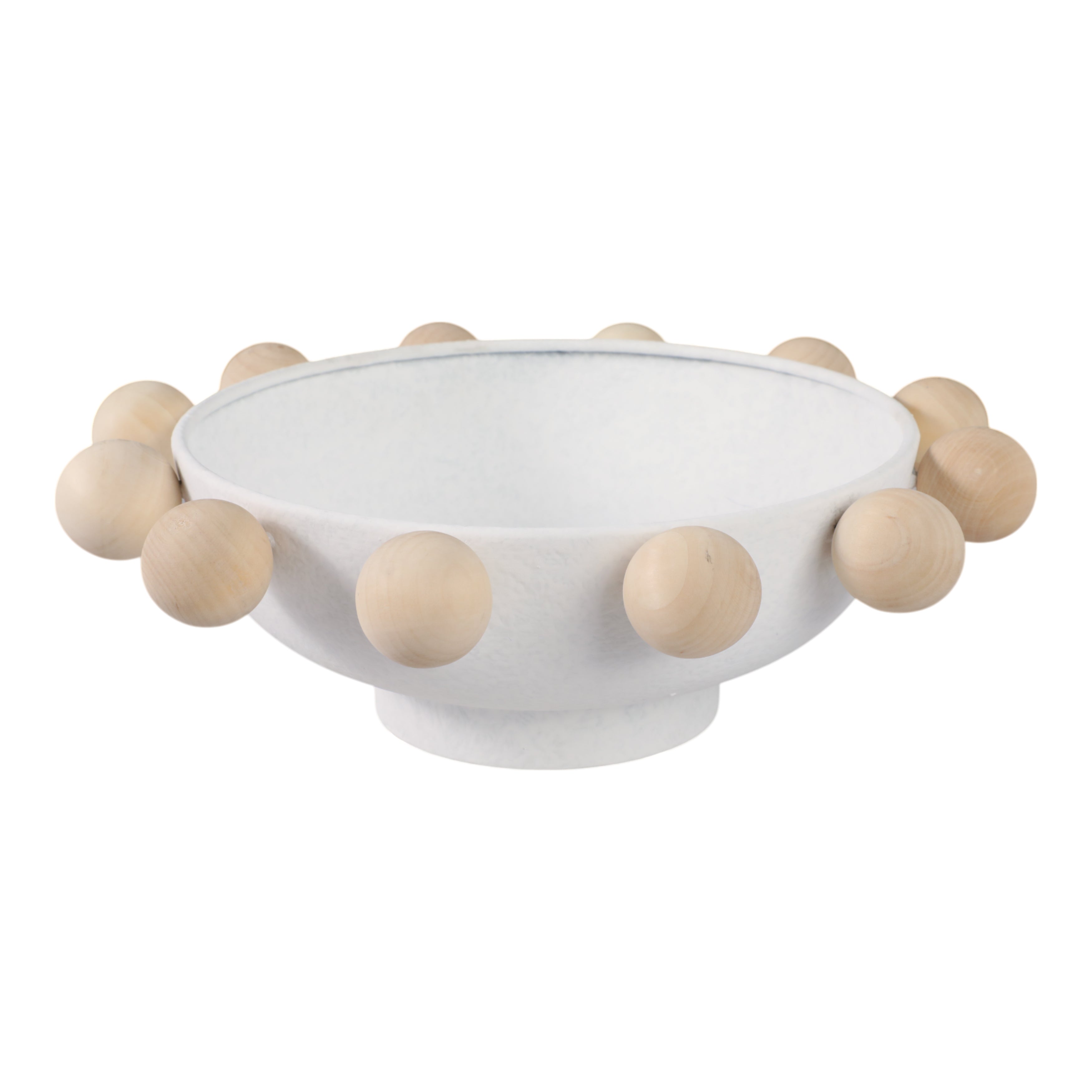 13" Bowl With Large Wooden Knobs, White - Decor Addict, LLC