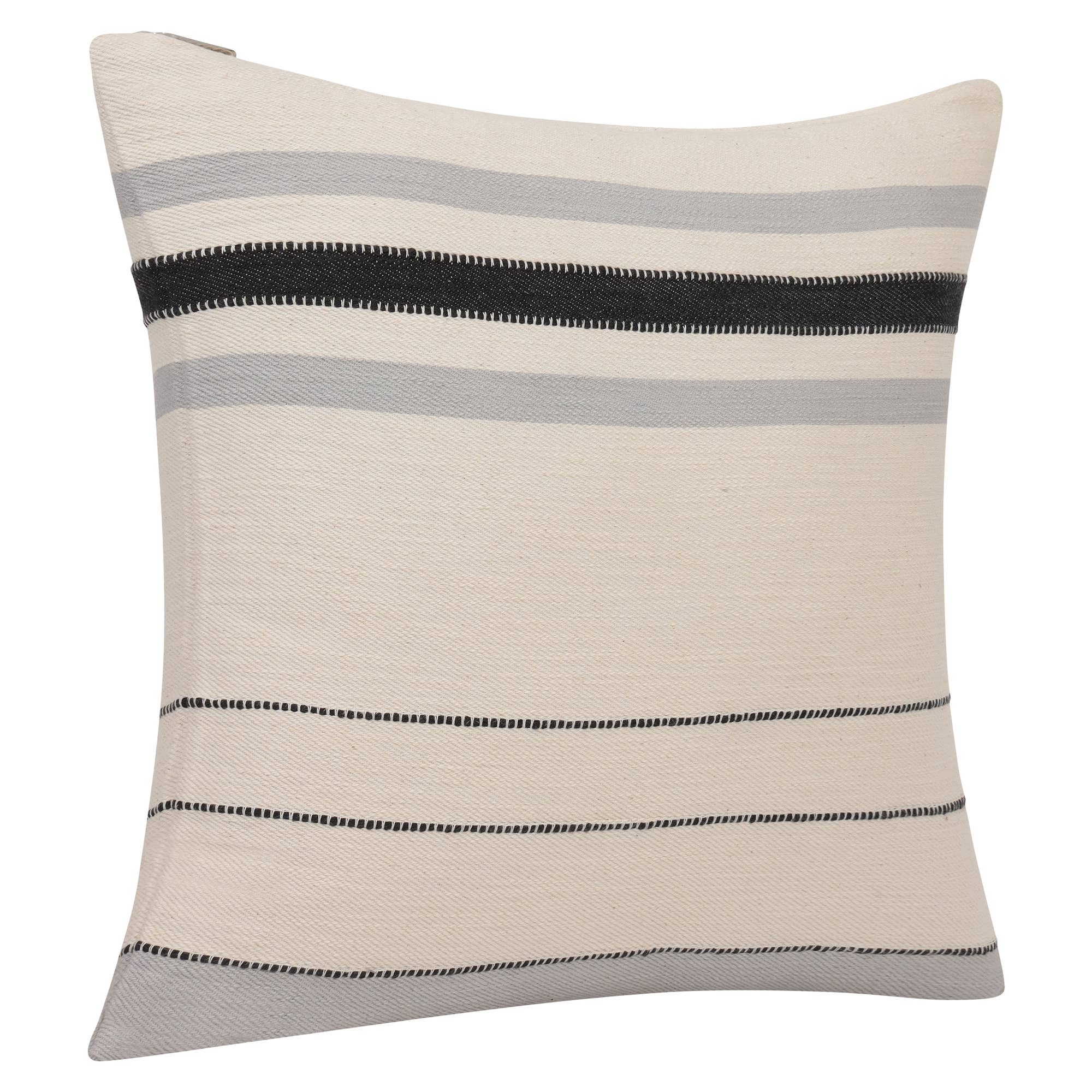 Transitional Hand-Woven Modern Striped Cotton Throw Pillow: Ivory/Brown / Pillow- Poly Filled - Decor Addict, LLC